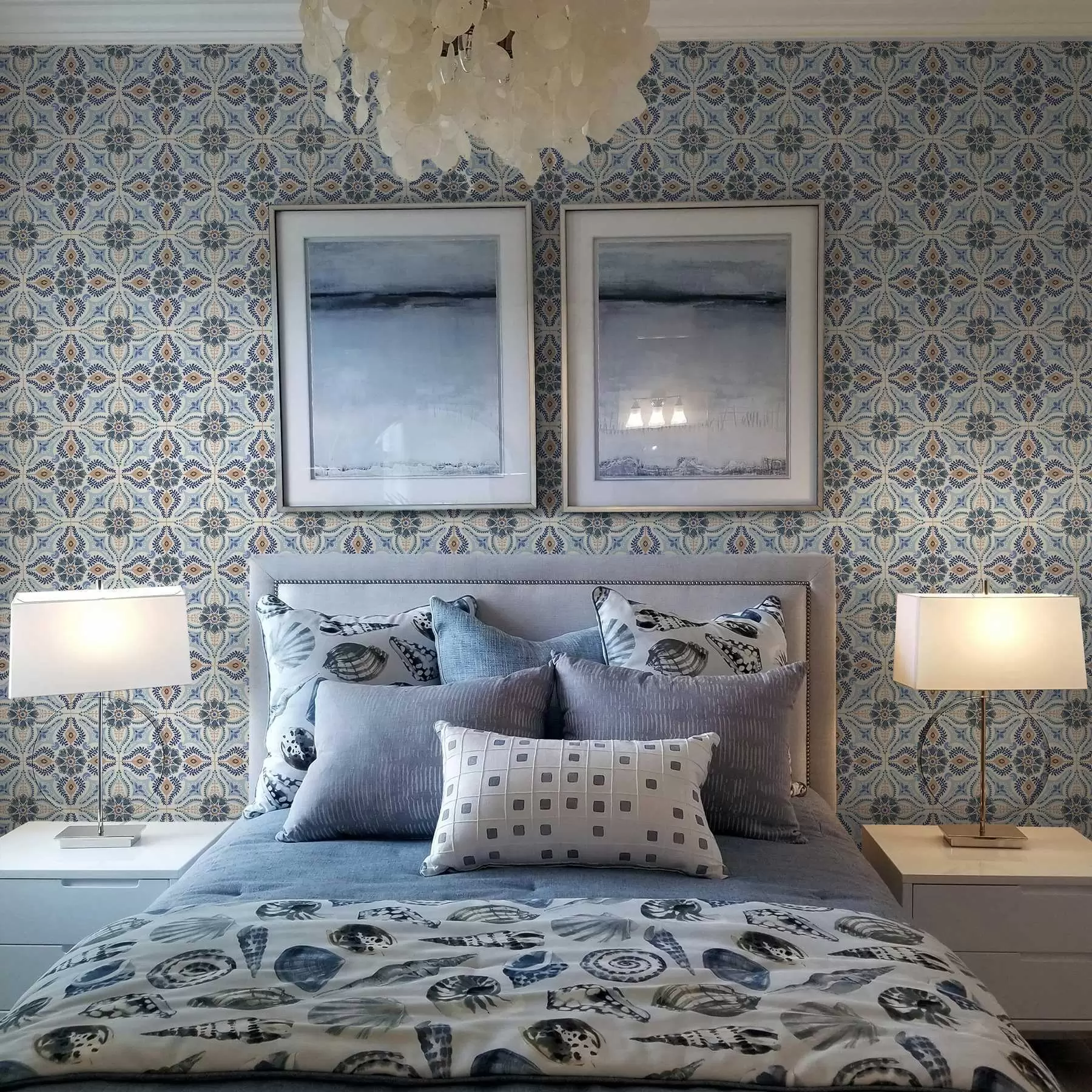 carta da parati Ornamento in stile piastrella blu-beige dipinto ad acquerello nr. a01085