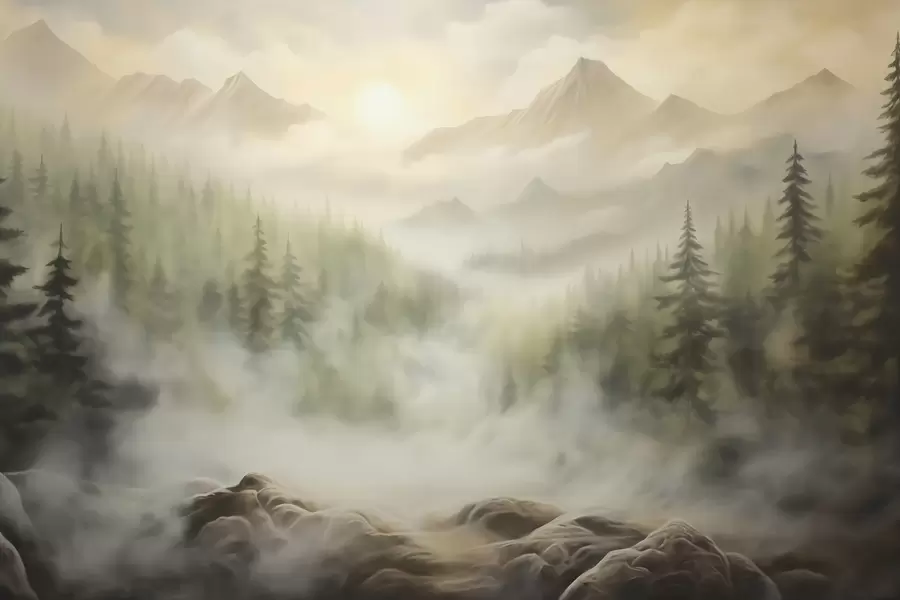 Carta da parati nature Foresta nella nebbia sullo sfondo delle montagne 