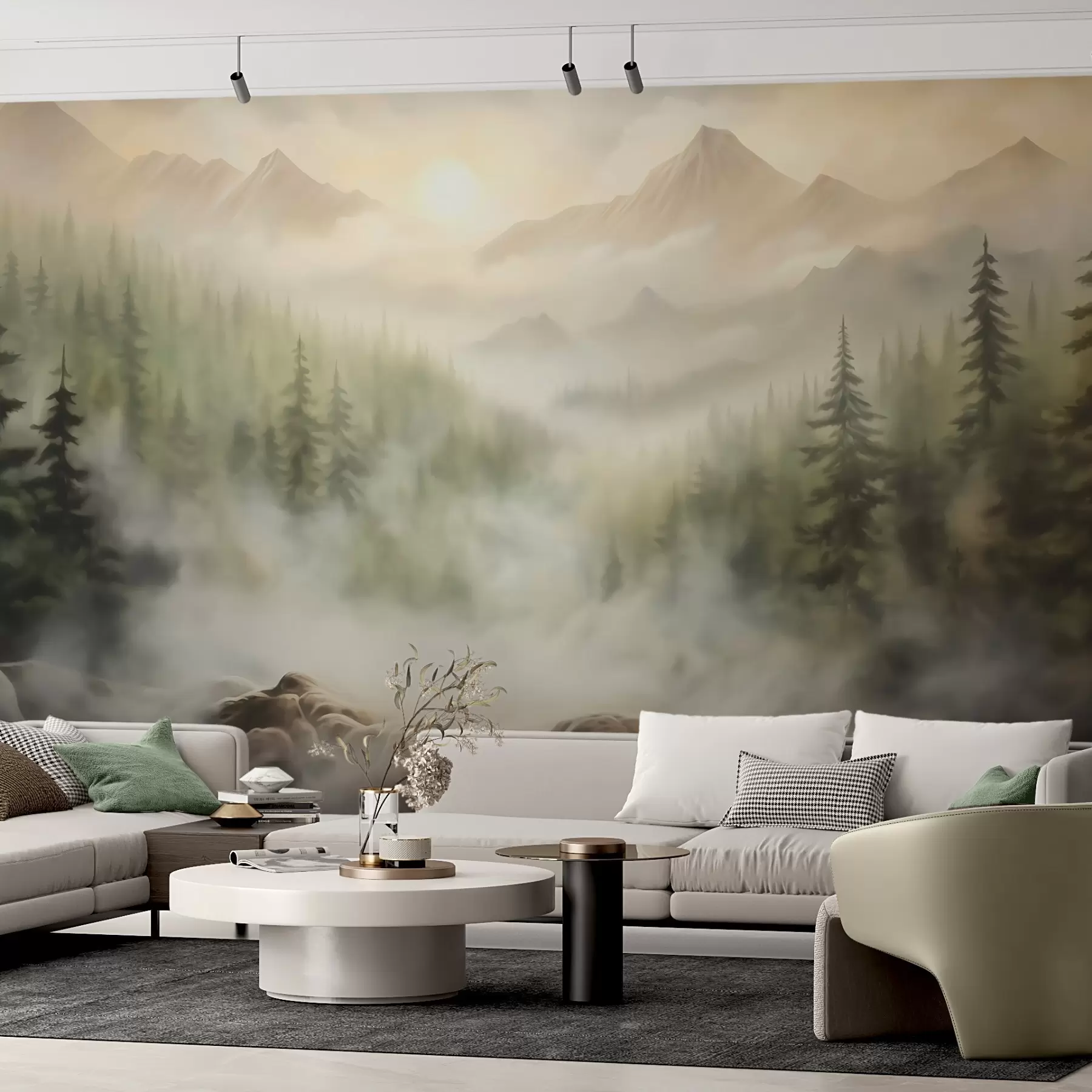 Carta da parati nature Foresta nella nebbia sullo sfondo delle montagne 