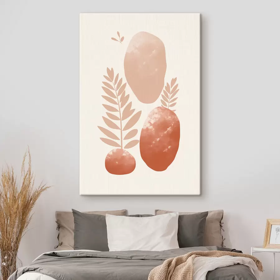 carta da parati Forme astratte, pietre e foglie con texture in tonalità tenui di pesca e terracotta, minimaliste, su sfondo color crema. nr. s47012