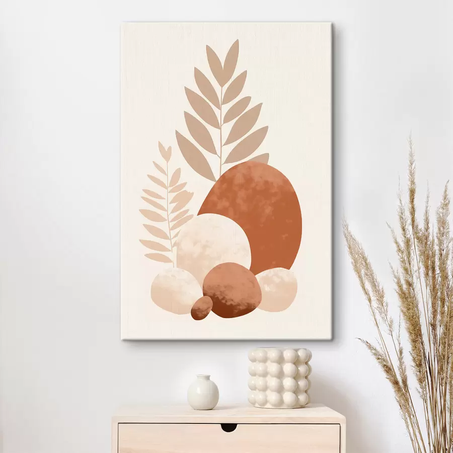 carta da parati Forme astratte, pietre e foglie con texture in tonalità tenui di pesca e terracotta, minimaliste, su sfondo color crema. nr. s47013