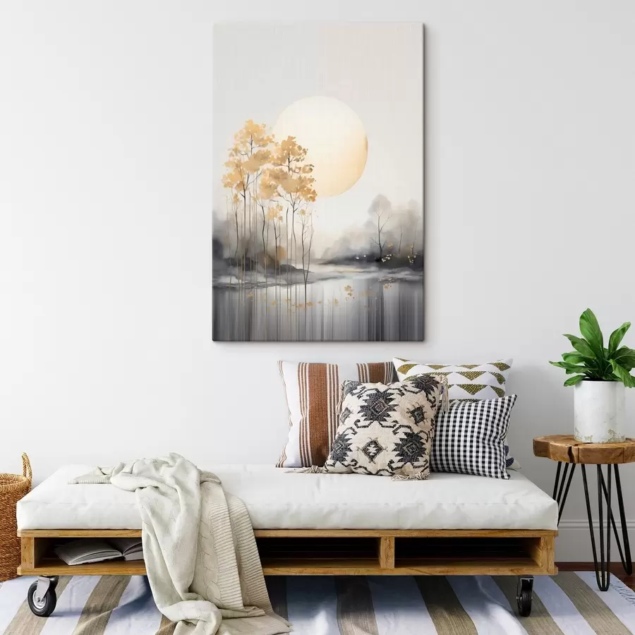 carta da parati Paesaggio astratto decorativo, alberi alti con foglie gialle, un fiume e nebbia sullo sfondo nr. s47014