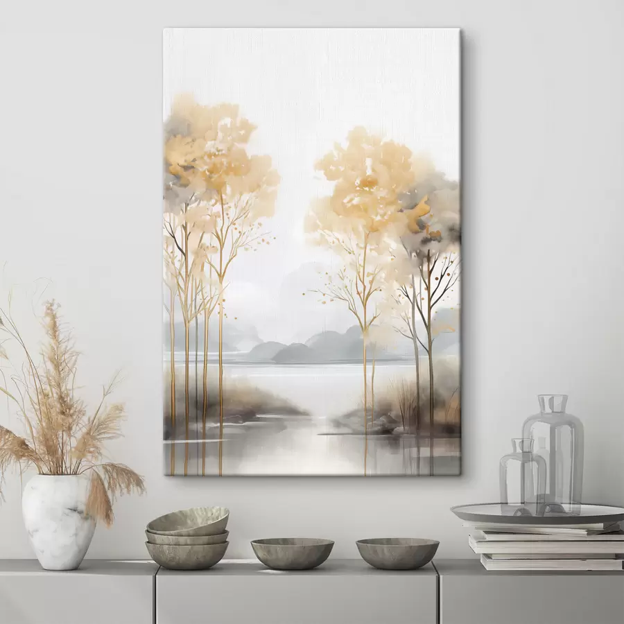 carta da parati Paesaggio astratto decorativo, alberi alti con foglie gialle, un fiume e nebbia sullo sfondo nr. s47015