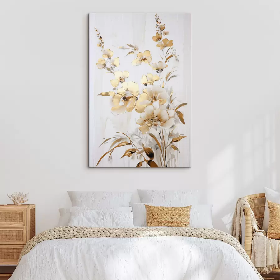 carta da parati Fiori e foglie gialli testurizzati su sfondo bianco, con delicate pennellate nr. s47016