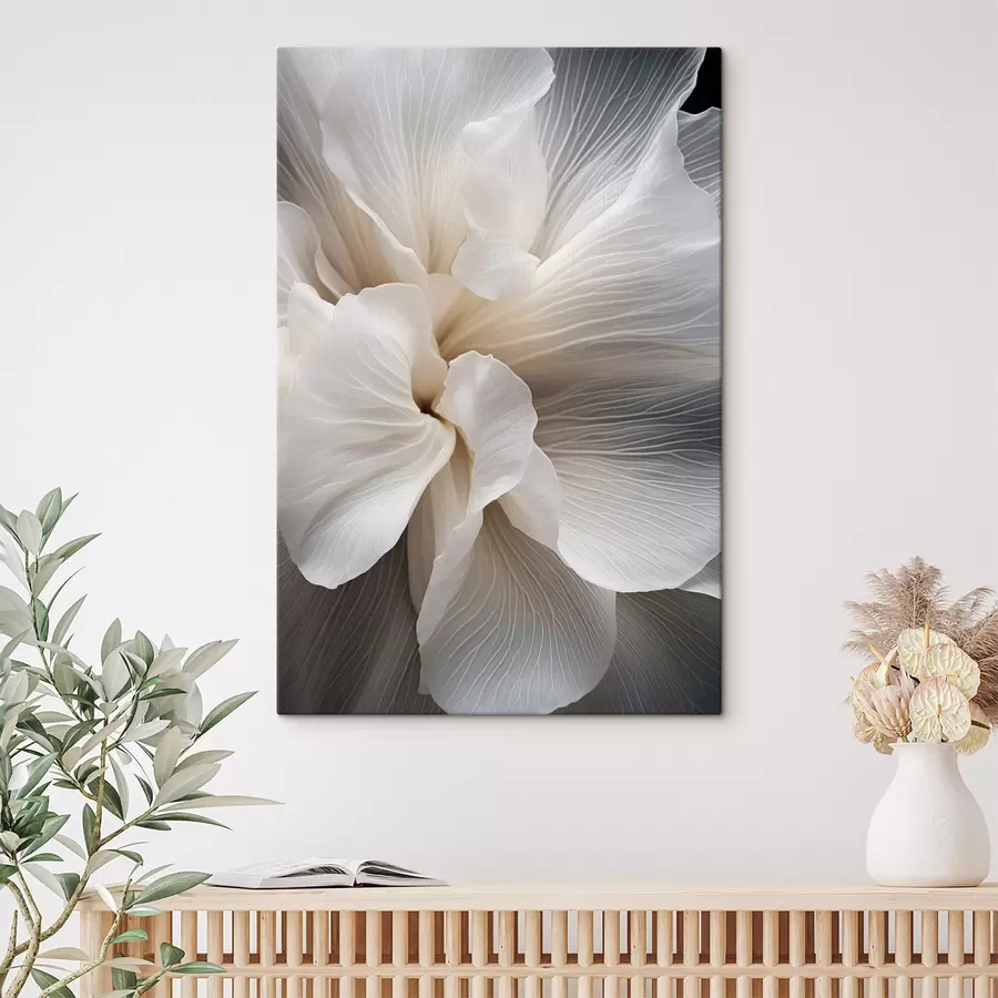 carta da parati Primo piano di delicati petali floreali bianchi astratti con linee intricate e uno sfondo scuro sfocato nr. s47018