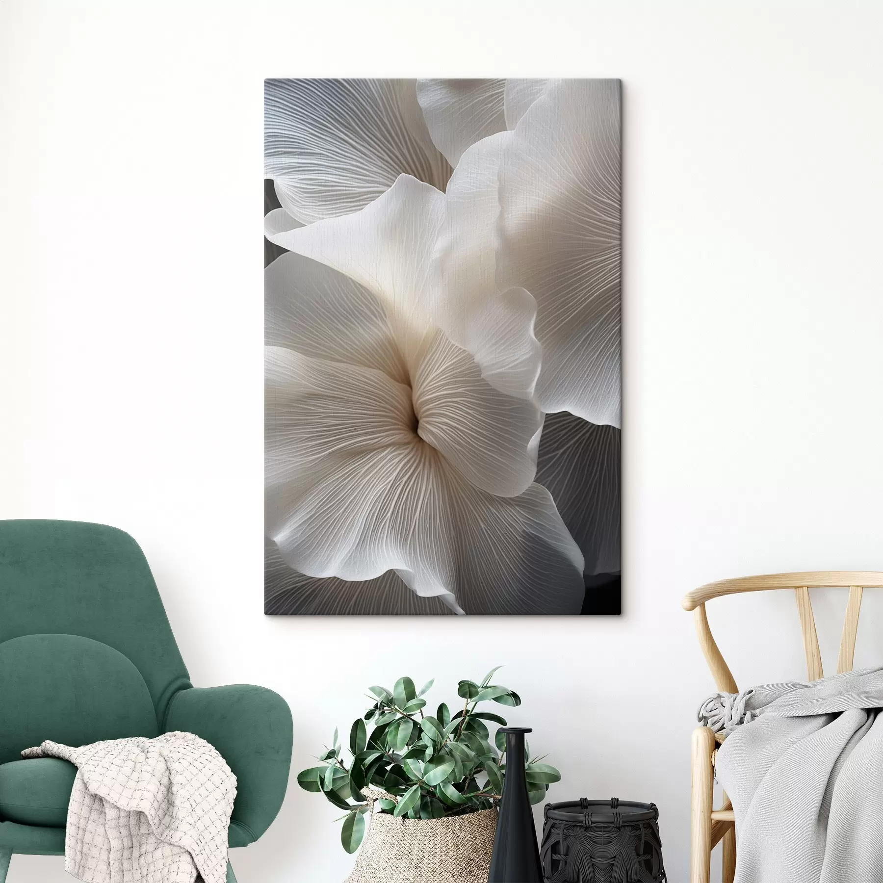 carta da parati Primo piano di delicati petali floreali bianchi astratti con linee intricate e uno sfondo scuro sfocato nr. s47019