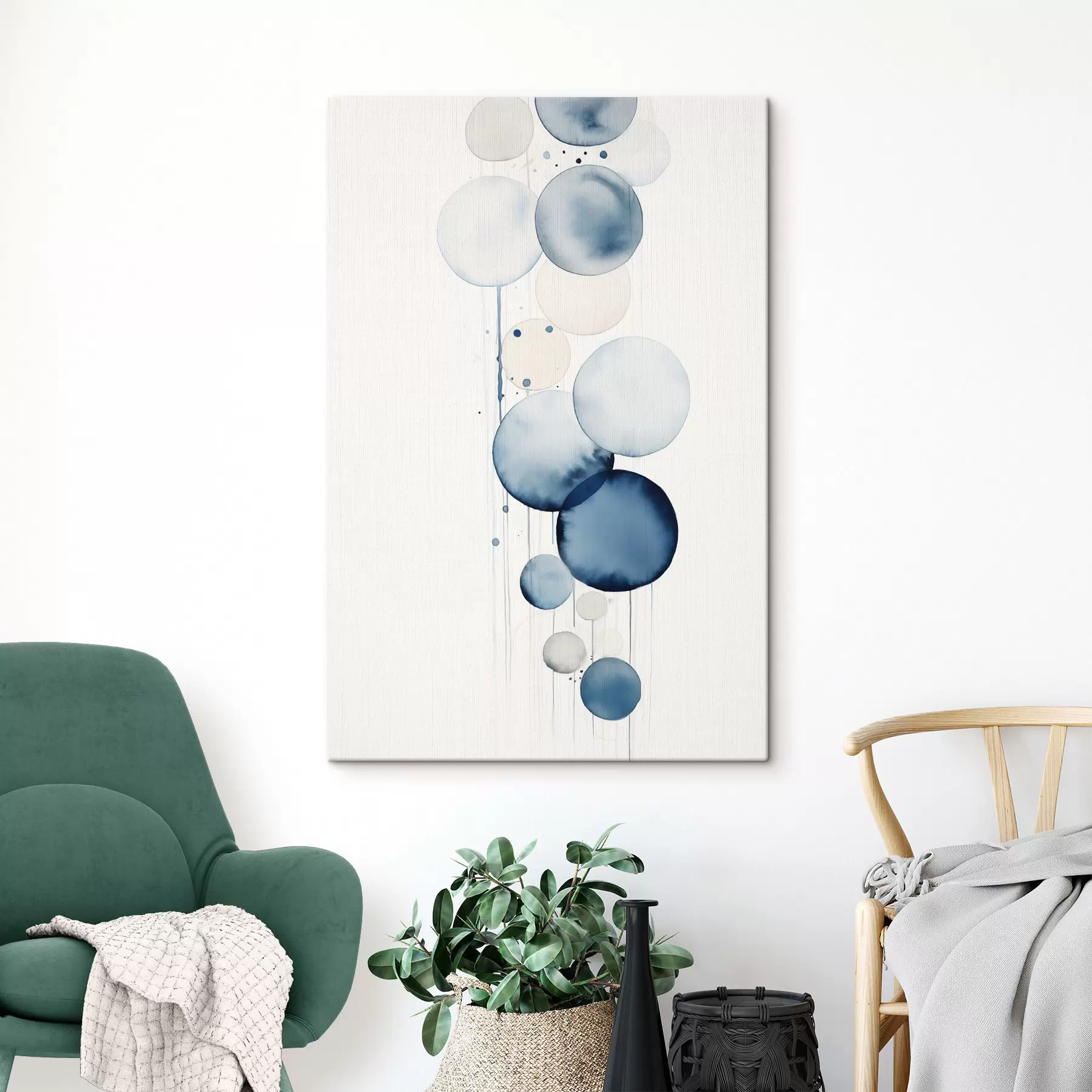 carta da parati Testo astratto con cerchi acquerellati blu e bianchi di varie dimensioni, su sfondo bianco nr. s47020