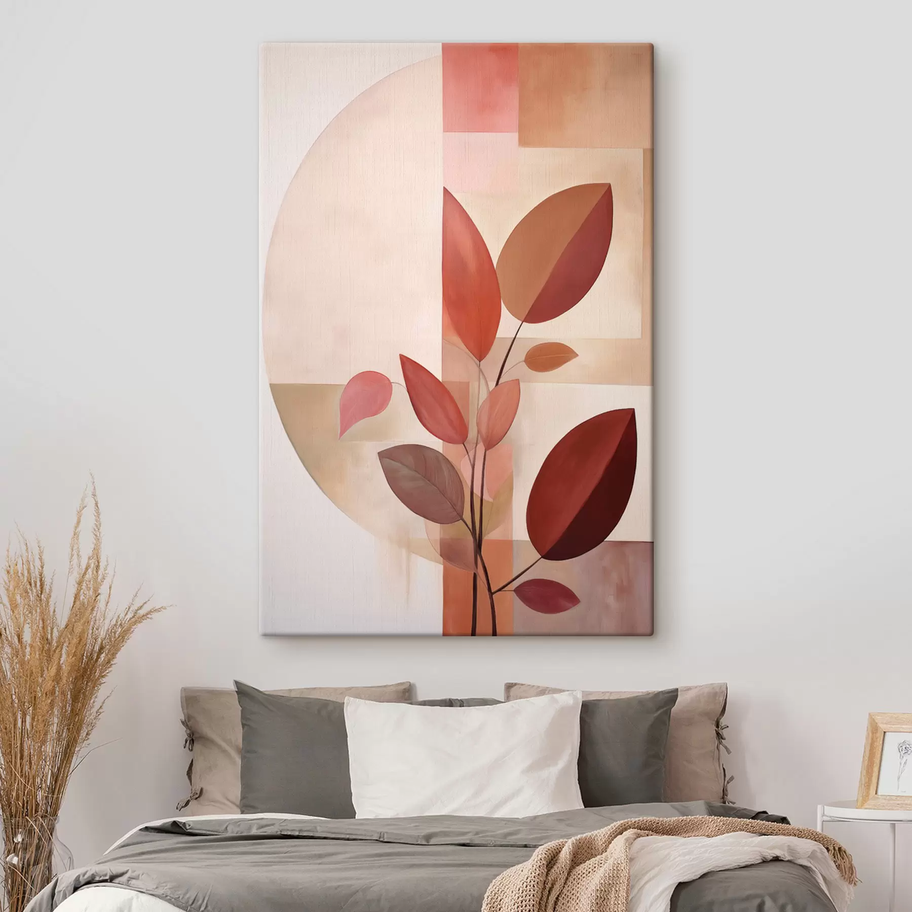 carta da parati Pianta astratta con foglie rosse su uno sfondo di forme geometriche e colori tenui e delicati nr. s47041