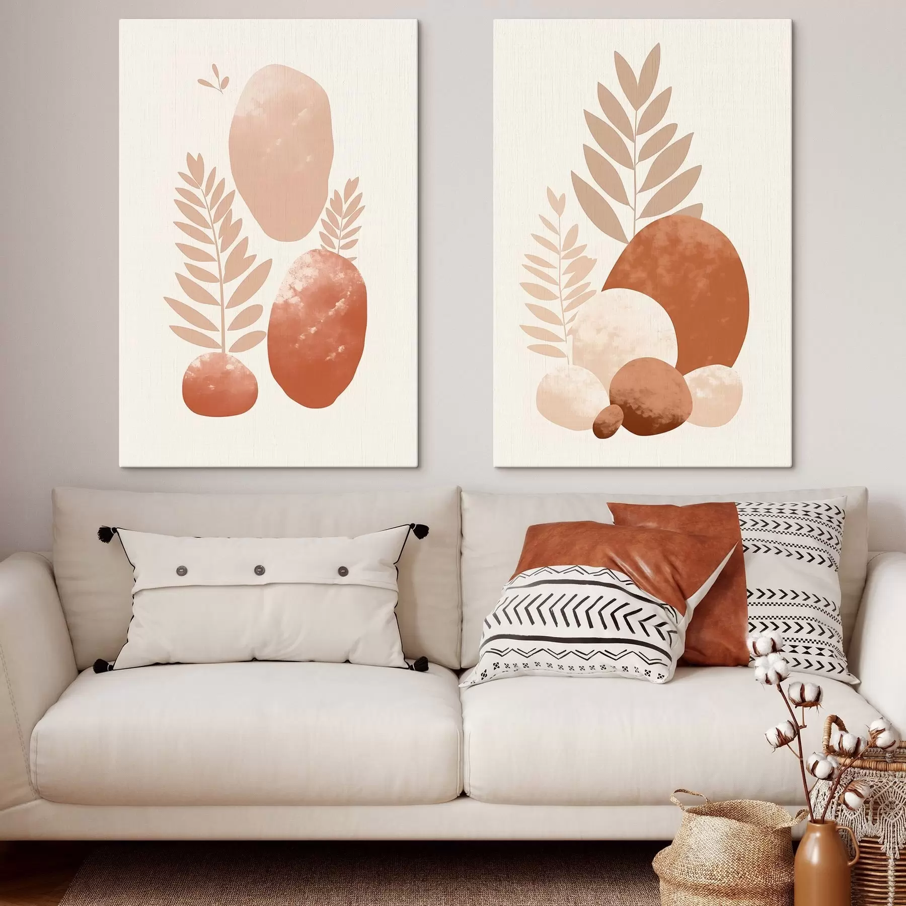 carta da parati Forme astratte, pietre e foglie con texture in tonalità tenui di pesca e terracotta, minimaliste, su sfondo color crema nr. m01114