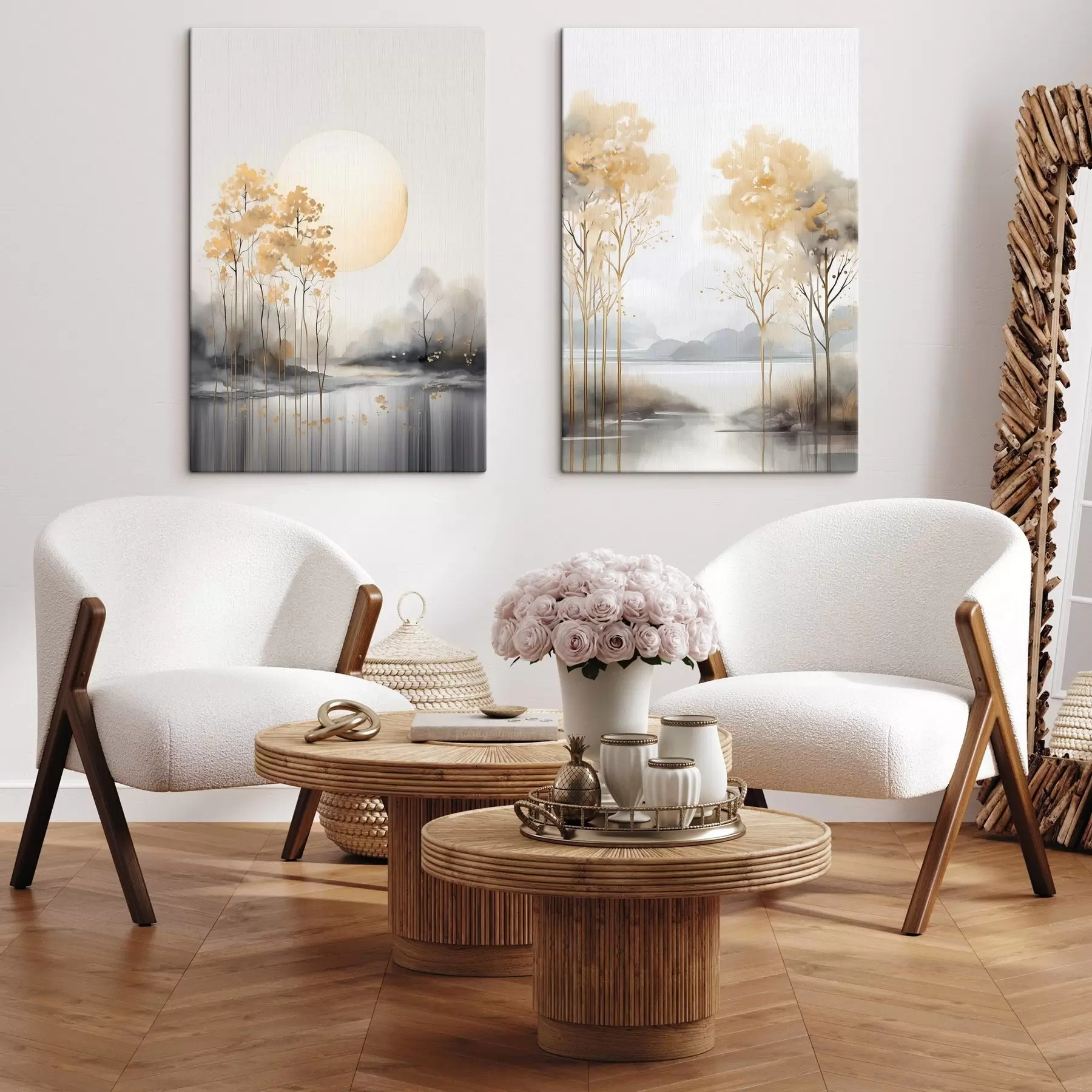 carta da parati Paesaggio astratto decorativo, alberi alti con foglie gialle, un fiume e nebbia sullo sfondo nr. m01115