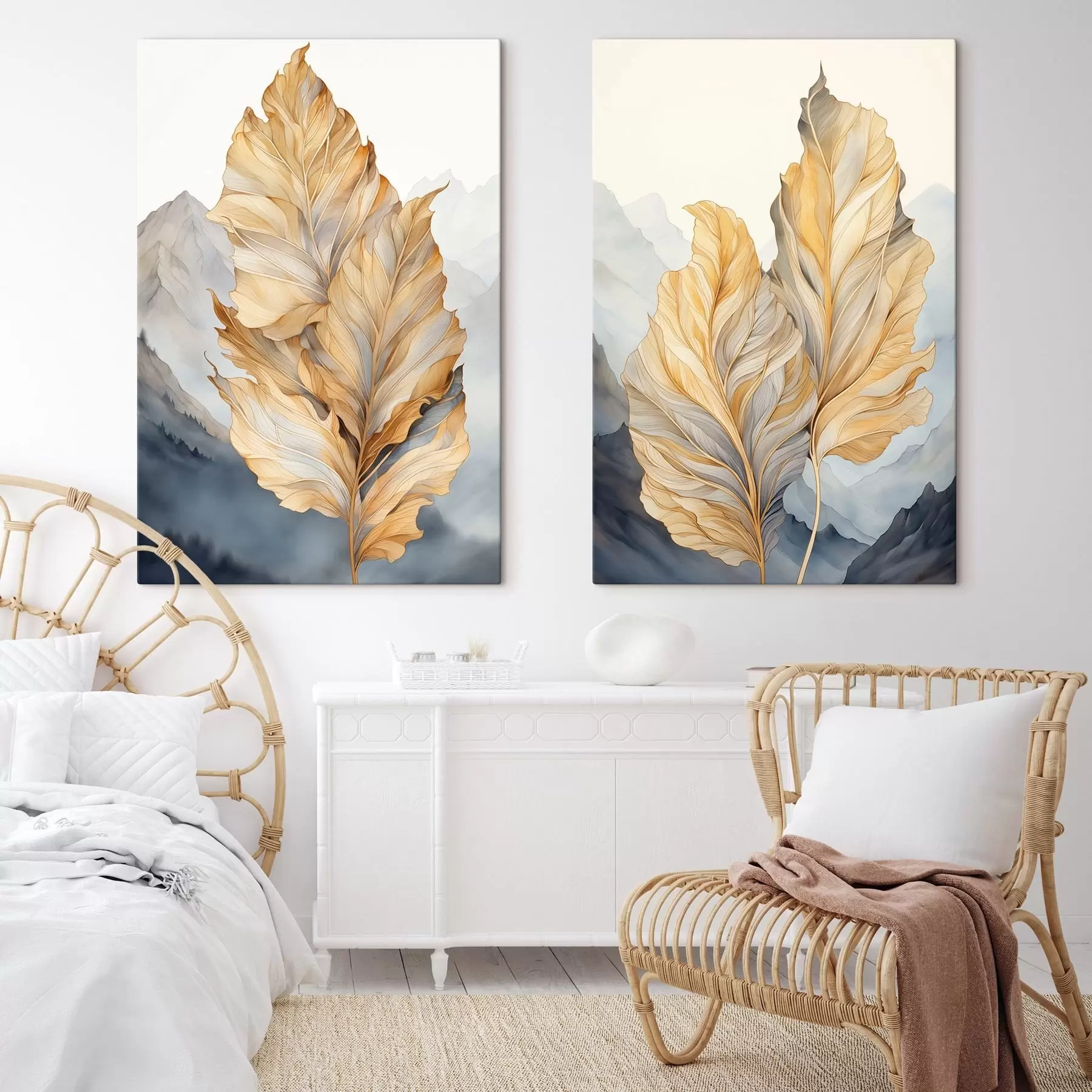 carta da parati Foglie astratte grandi, gialle e marroni con dettagli intricati, sullo sfondo di un paesaggio montano nr. m01119