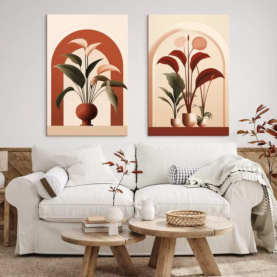 carta da parati Piante in vaso astratte con grandi foglie verdi e rosse davanti a un arco color crema nr. m01124