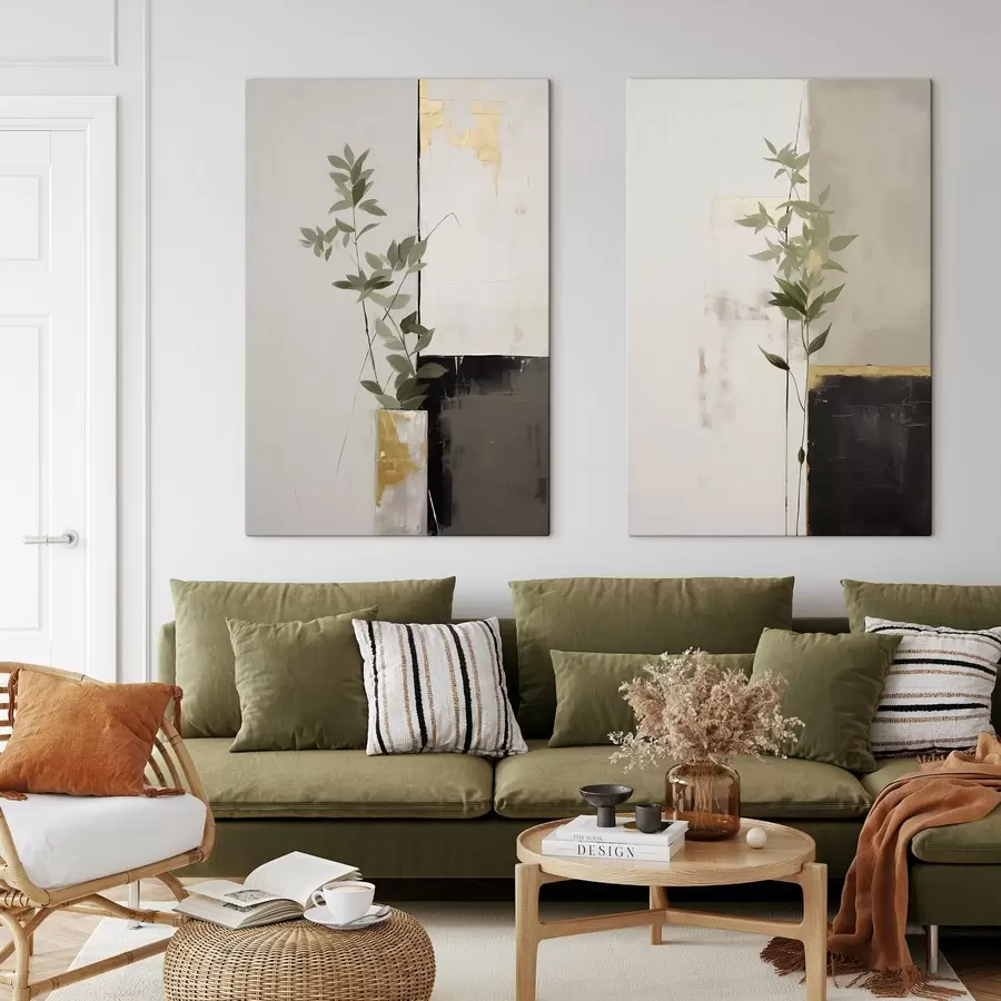 carta da parati Un dipinto minimalista e materico raffigurante un vaso con foglie verdi su uno sfondo di forme geometriche astratte. nr. m01126