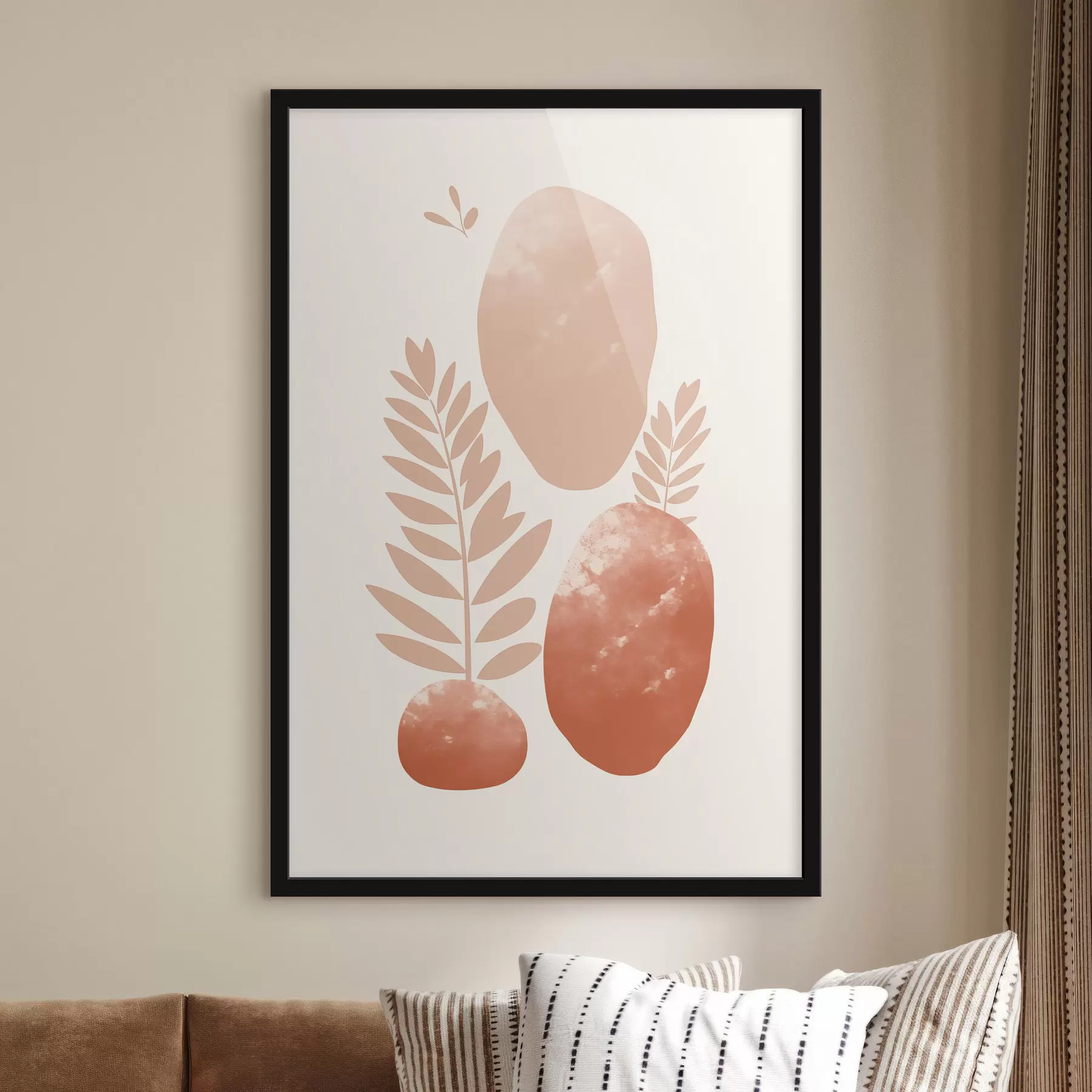 carta da parati Forme astratte, pietre e foglie con texture in tonalità tenui di pesca e terracotta, minimaliste, su sfondo color crema nr. f47012