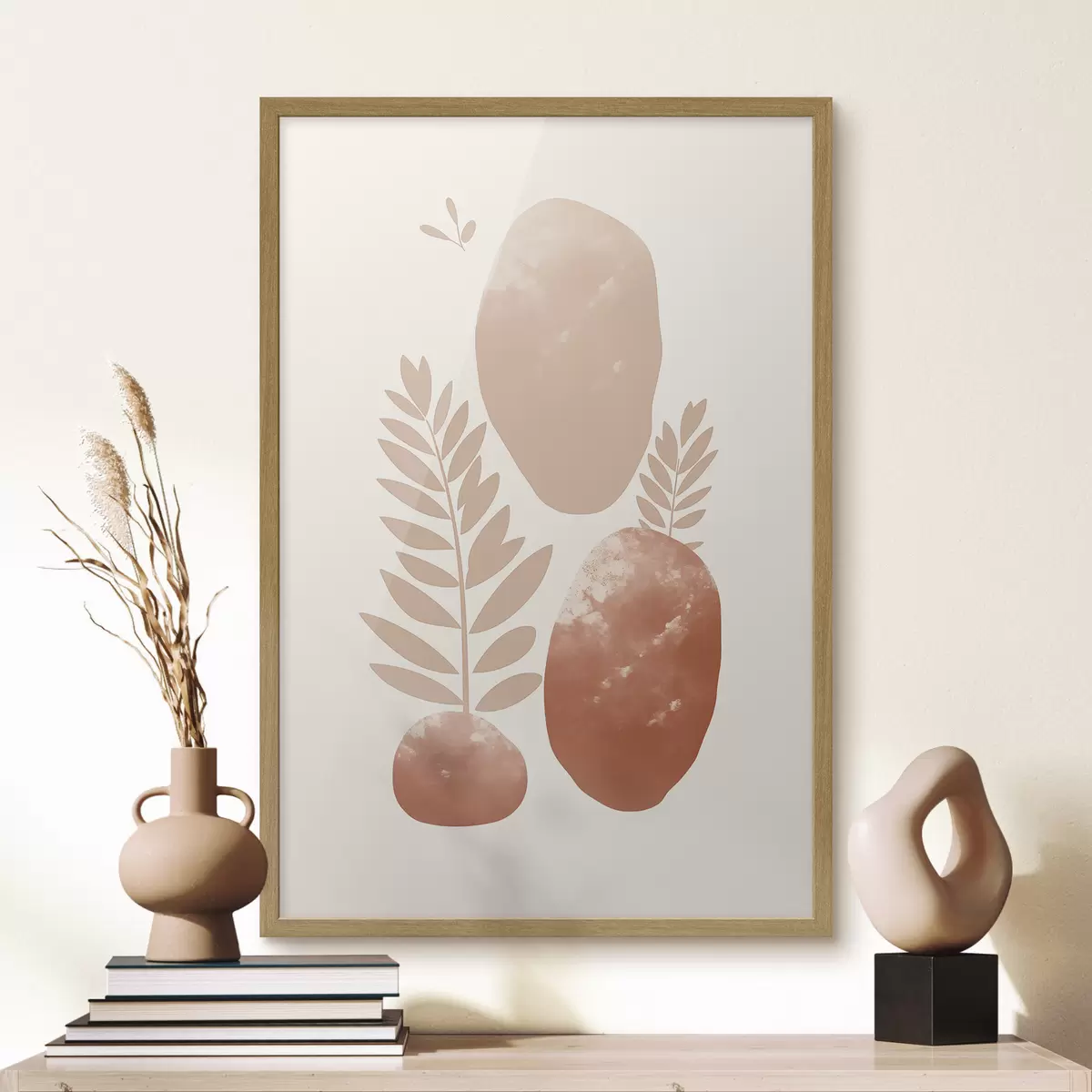 Poster Forme astratte, pietre e foglie con texture in tonalità tenui di pesca e terracotta, minimaliste, su sfondo color crema f47012