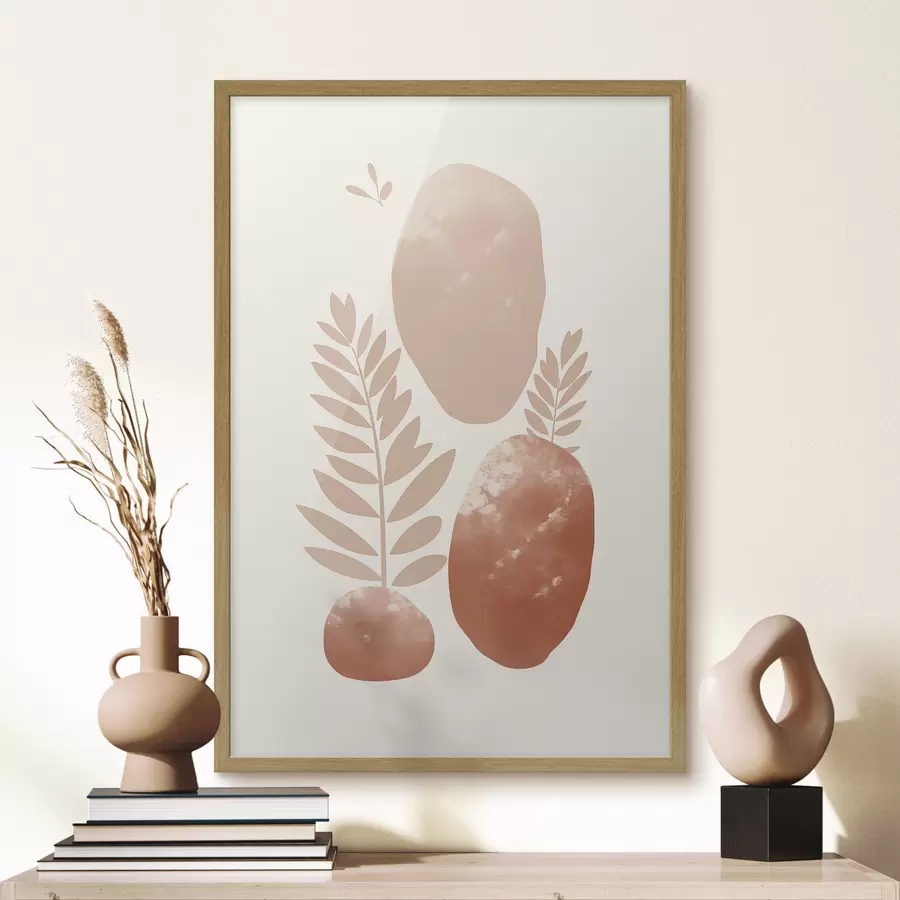 carta da parati Forme astratte, pietre e foglie con texture in tonalità tenui di pesca e terracotta, minimaliste, su sfondo color crema nr. f47012