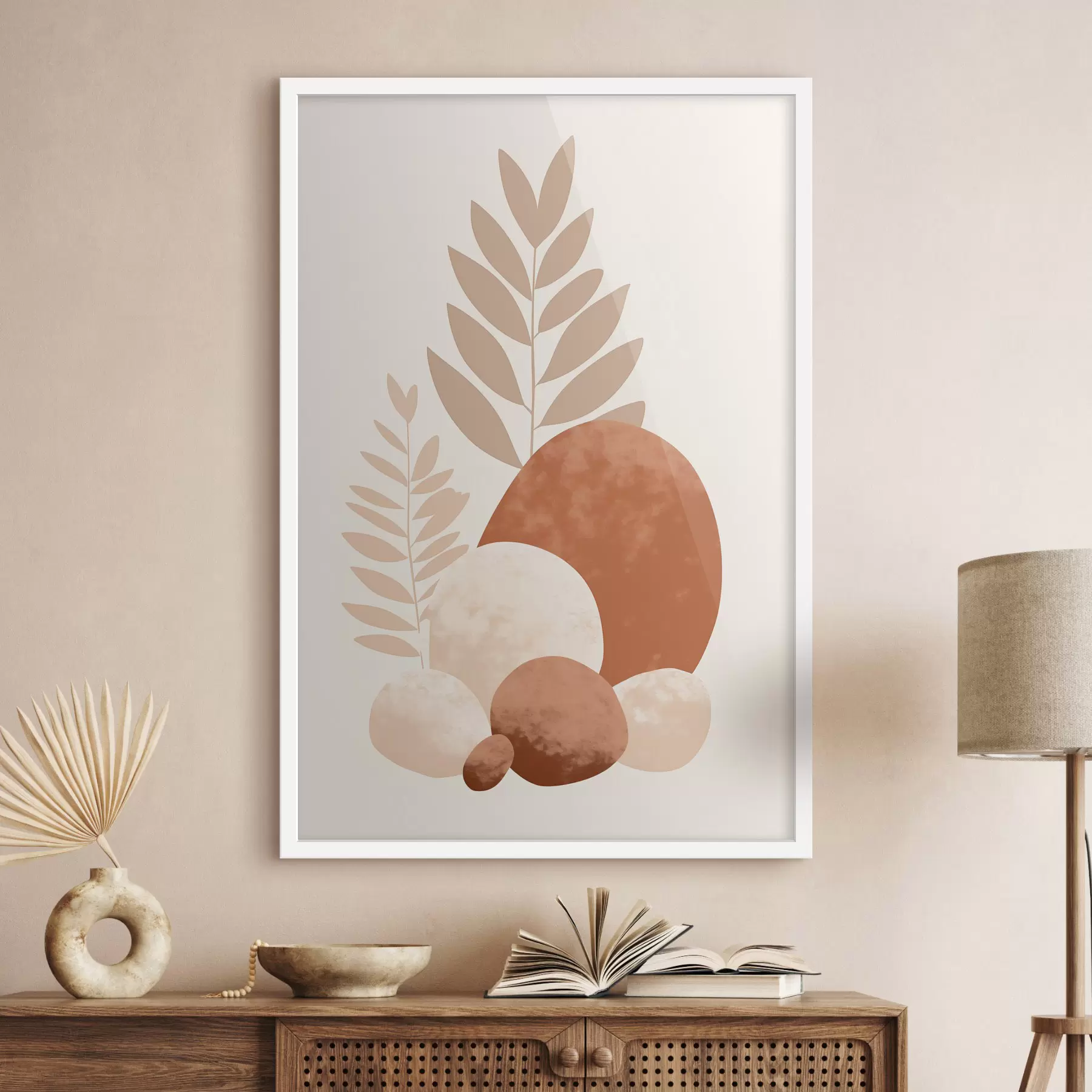 carta da parati Forme astratte, pietre e foglie con texture in tonalità tenui di pesca e terracotta, minimaliste, su sfondo color crema nr. f47013