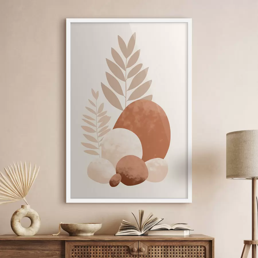 carta da parati Forme astratte, pietre e foglie con texture in tonalità tenui di pesca e terracotta, minimaliste, su sfondo color crema. nr. f47013