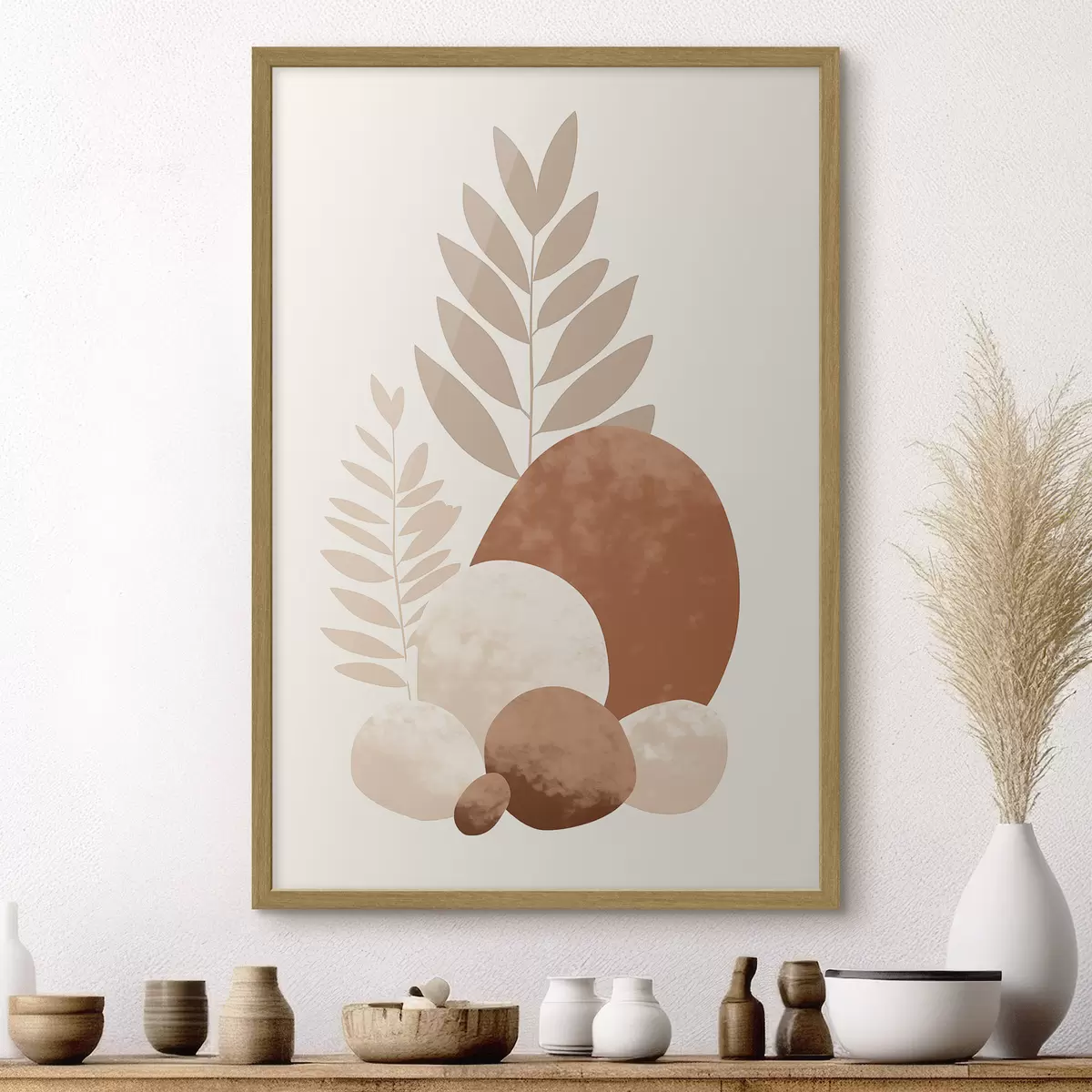 Poster Forme astratte, pietre e foglie con texture in tonalità tenui di pesca e terracotta, minimaliste, su sfondo color crema f47013
