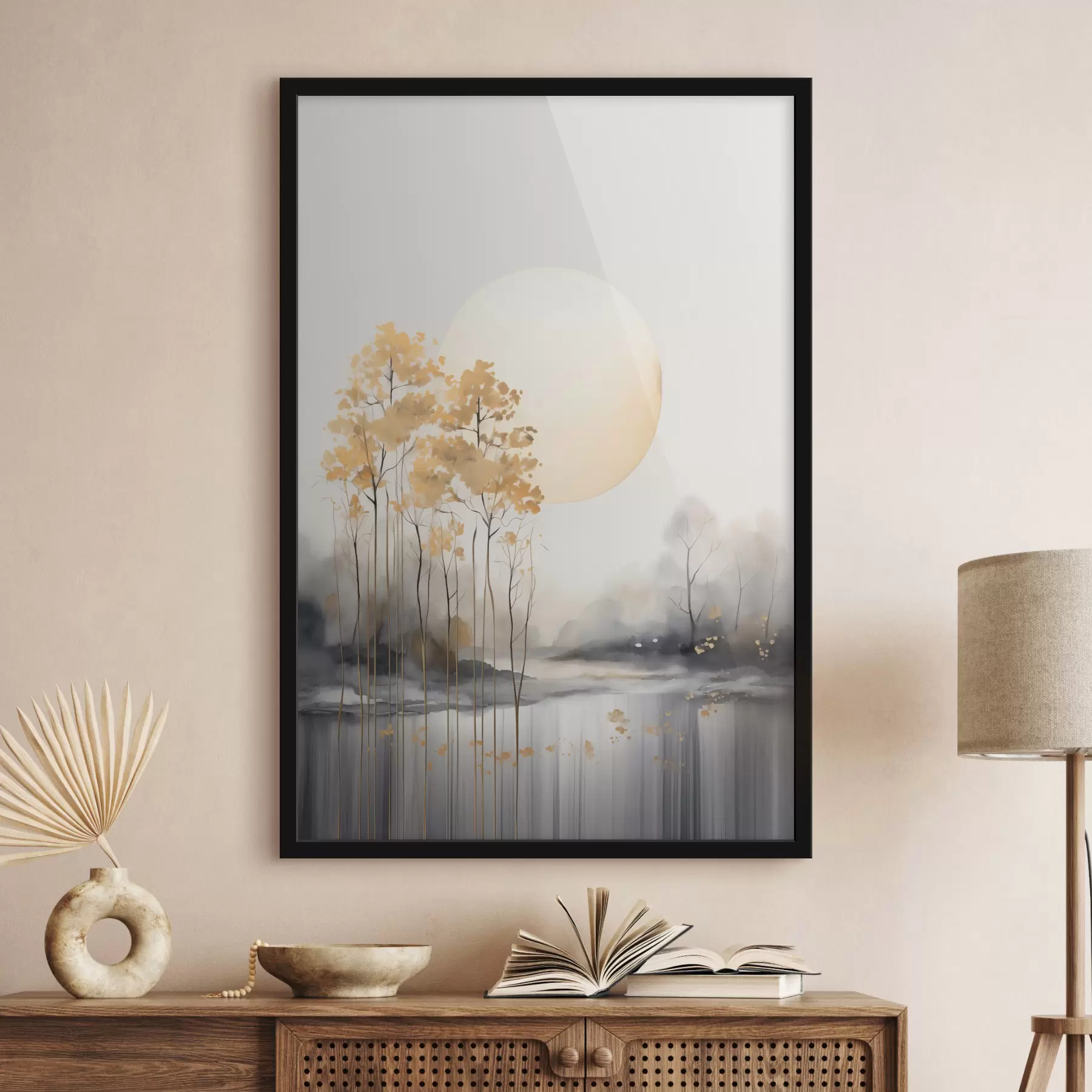 carta da parati Paesaggio astratto decorativo, alberi alti con foglie gialle, un fiume e nebbia sullo sfondo nr. f47014