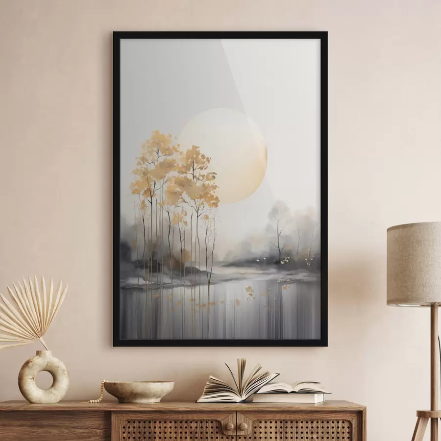 carta da parati Paesaggio astratto decorativo, alberi alti con foglie gialle, un fiume e nebbia sullo sfondo nr. f47014