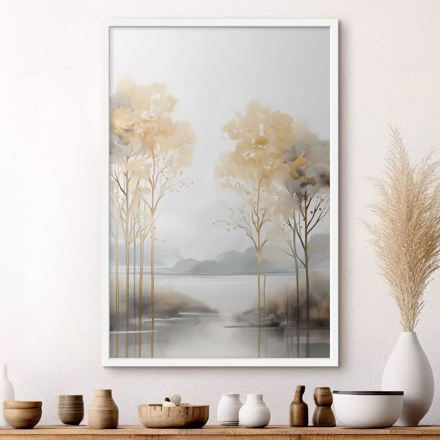 carta da parati Paesaggio astratto decorativo, alberi alti con foglie gialle, un fiume e nebbia sullo sfondo nr. f47015