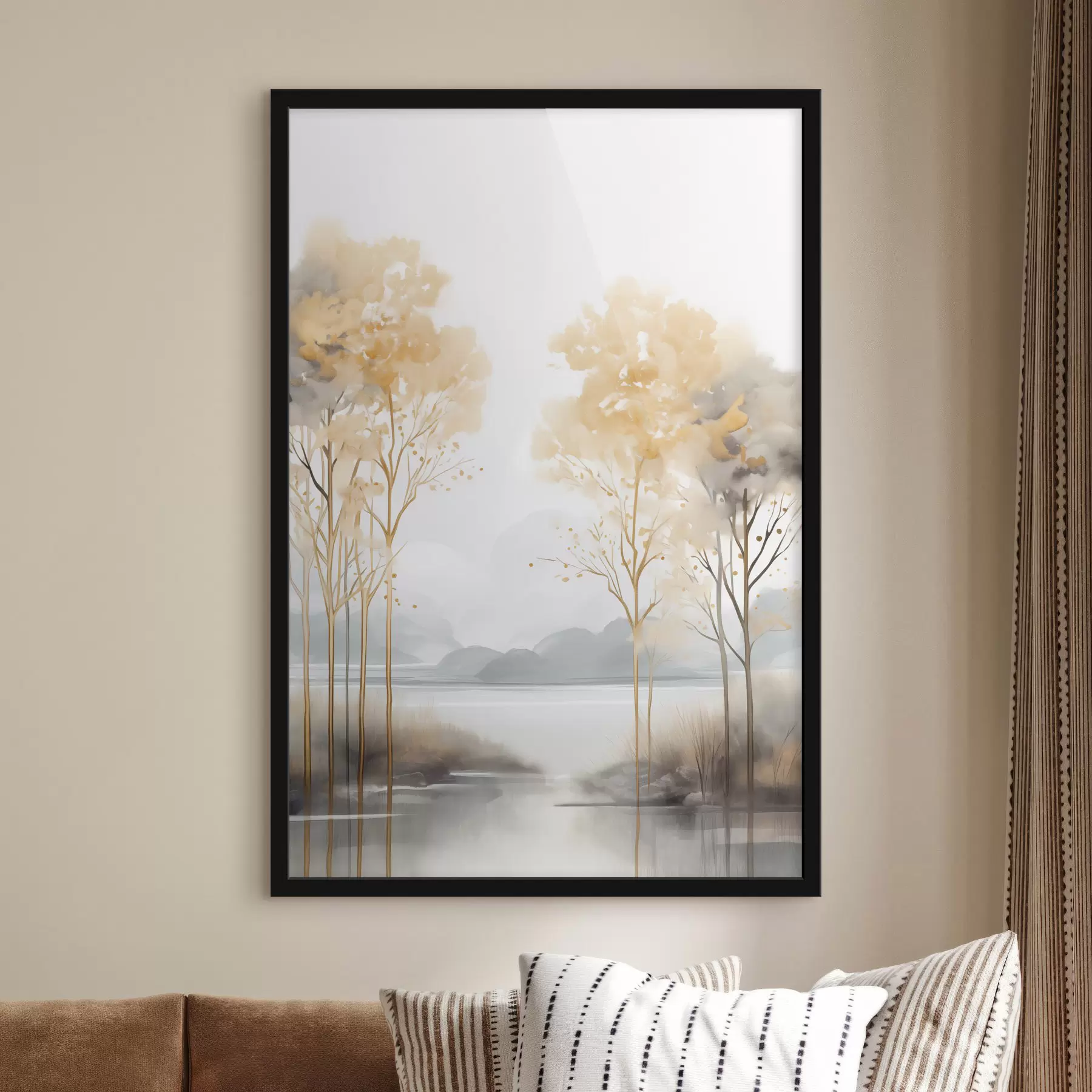 carta da parati Paesaggio astratto decorativo, alberi alti con foglie gialle, un fiume e nebbia sullo sfondo nr. f47015