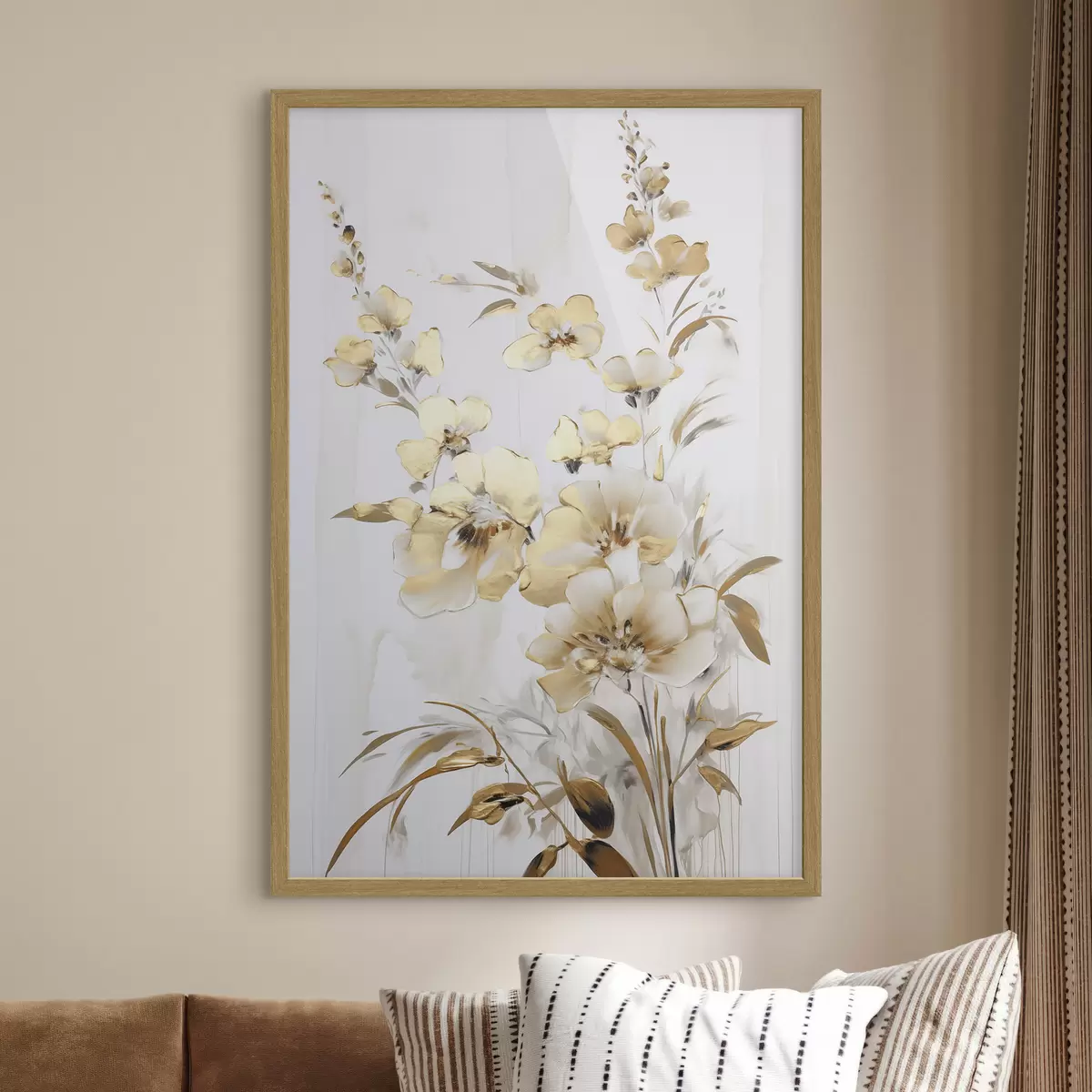 Poster Fiori e foglie gialli testurizzati su sfondo bianco, con delicate pennellate f47016