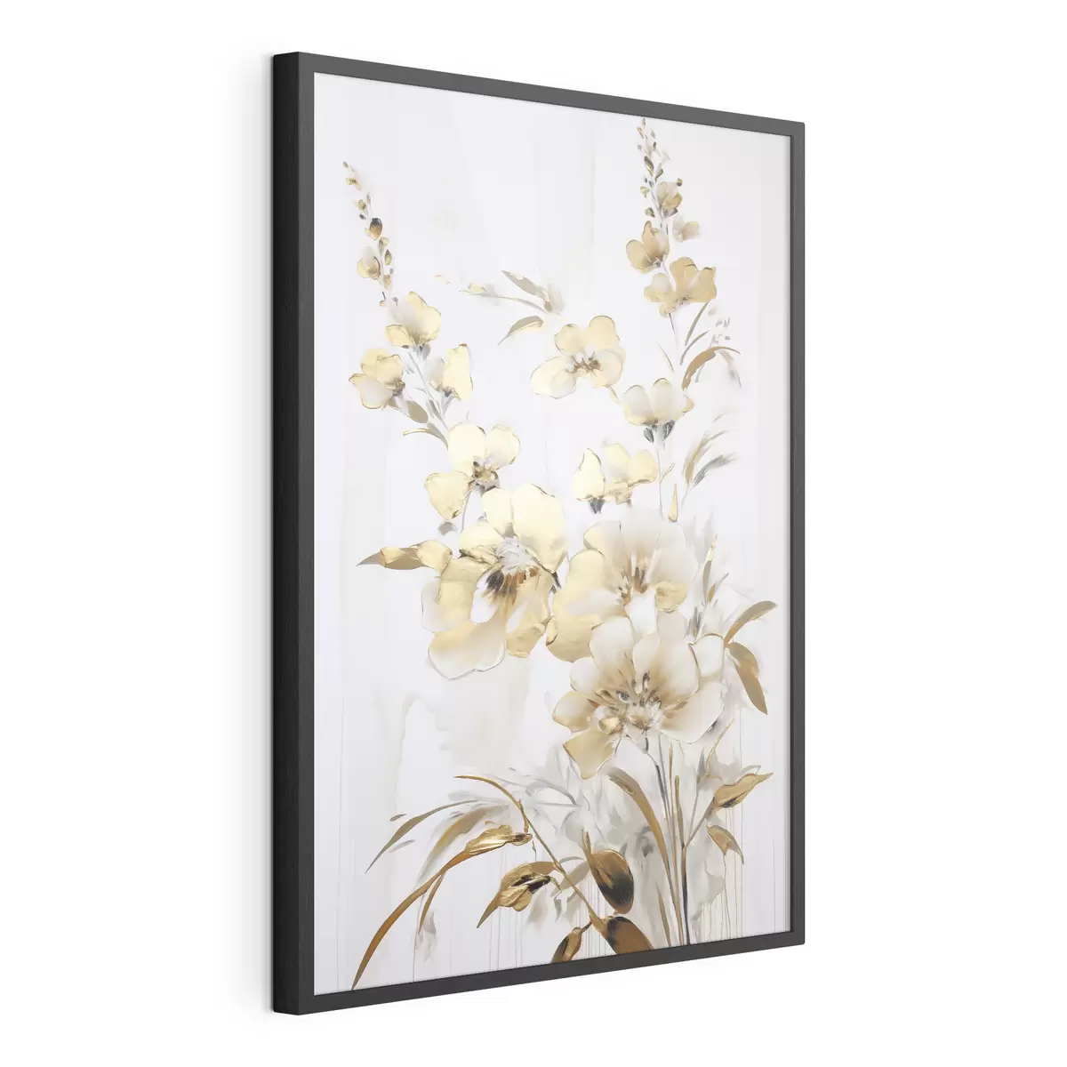 Poster Fiori e foglie gialli testurizzati su sfondo bianco, con delicate pennellate f47016