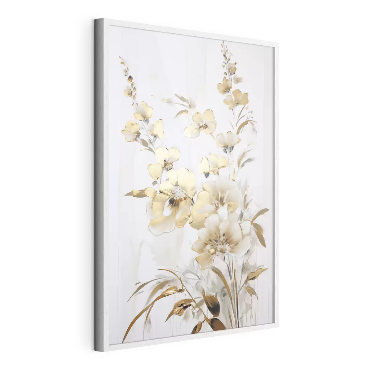Poster Fiori e foglie gialli testurizzati su sfondo bianco, con delicate pennellate f47016