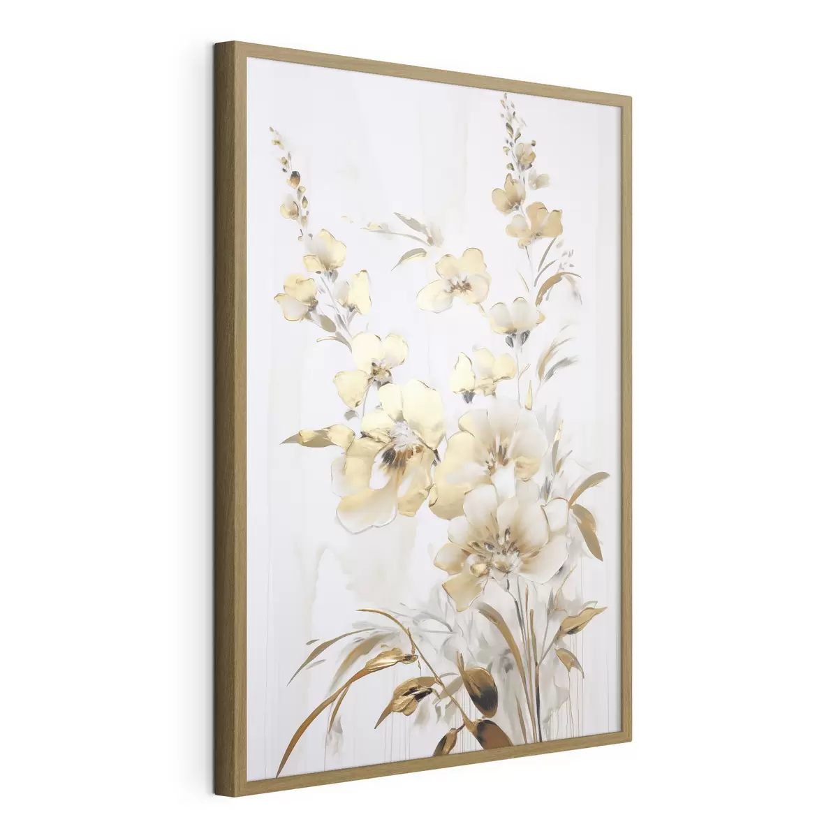 Poster Fiori e foglie gialli testurizzati su sfondo bianco, con delicate pennellate f47016