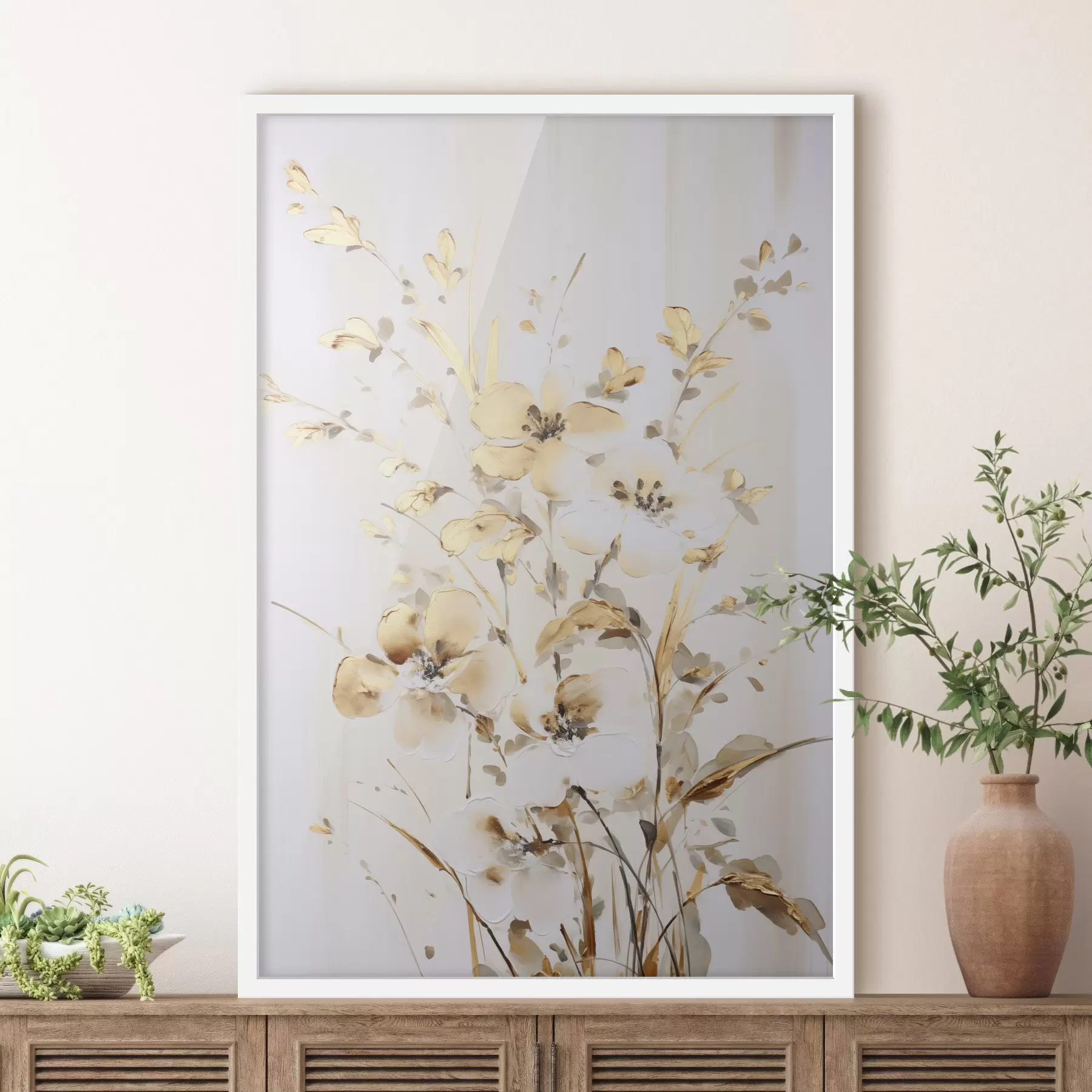 carta da parati Fiori e foglie gialli testurizzati su sfondo bianco, con delicate pennellate nr. f47017