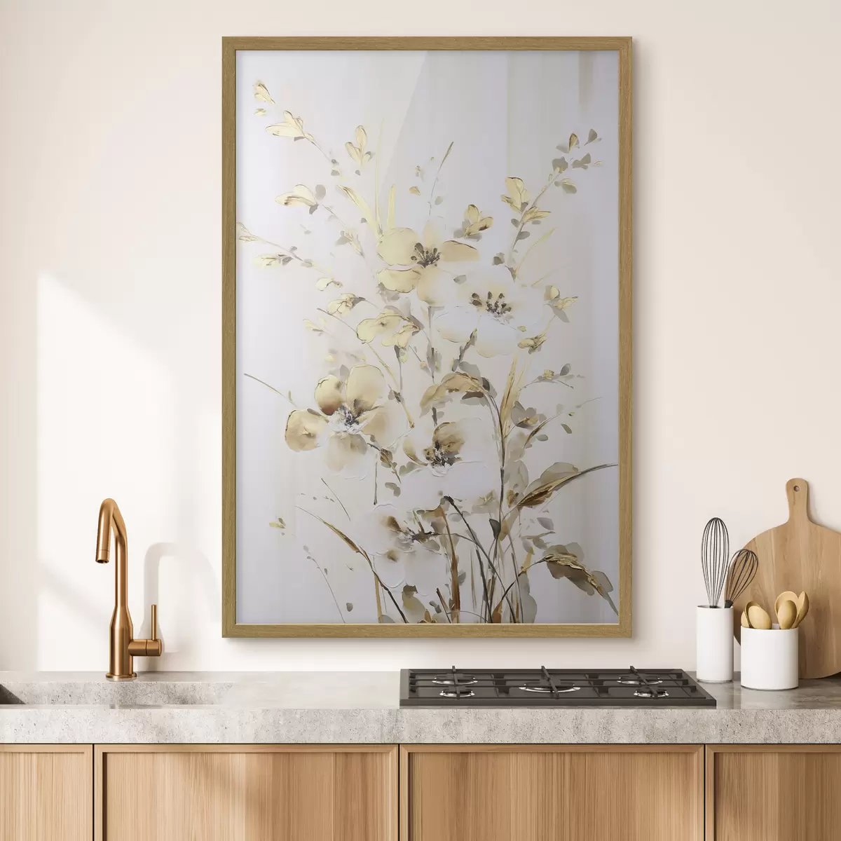 Poster Fiori e foglie gialli testurizzati su sfondo bianco, con delicate pennellate f47017