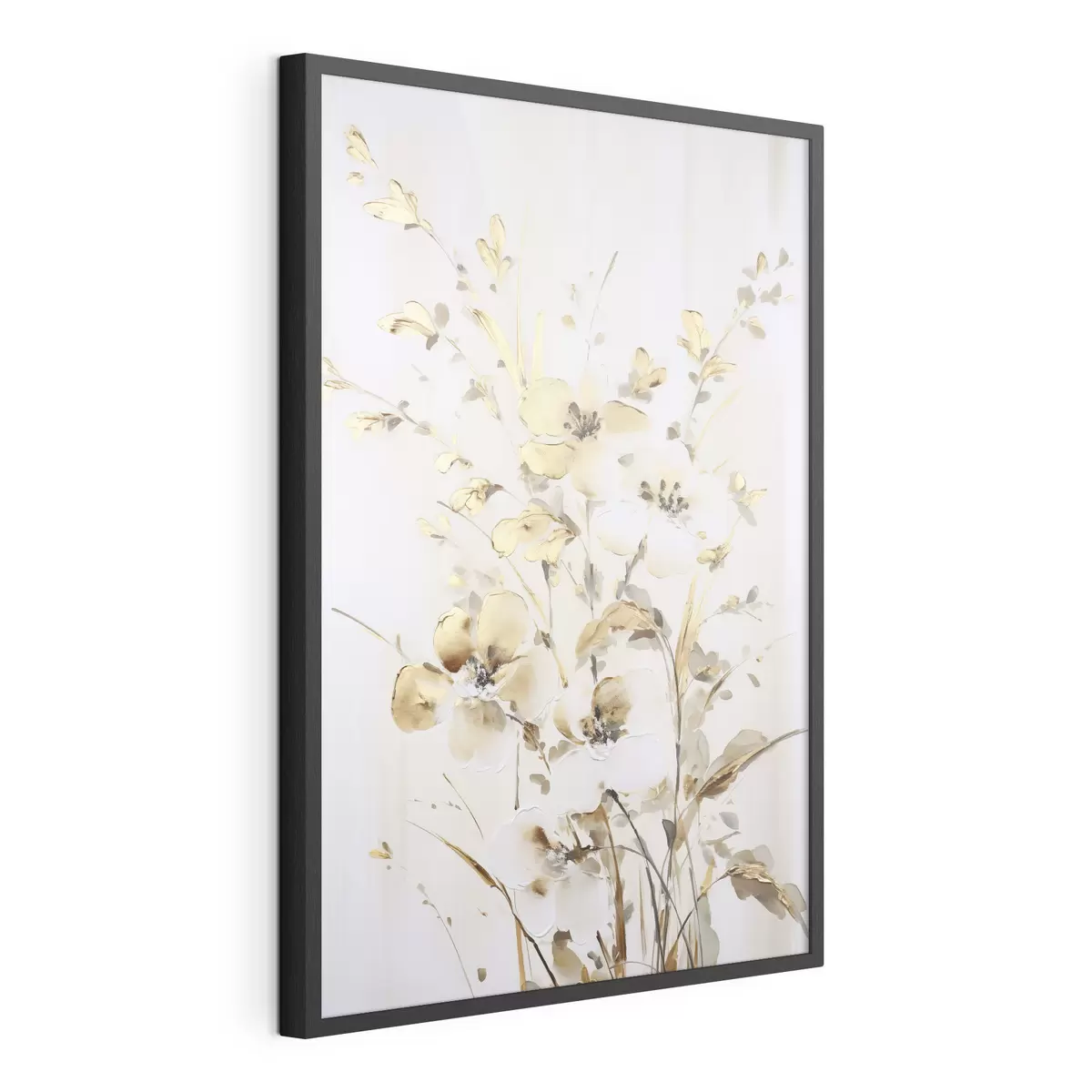 Poster Fiori e foglie gialli testurizzati su sfondo bianco, con delicate pennellate f47017
