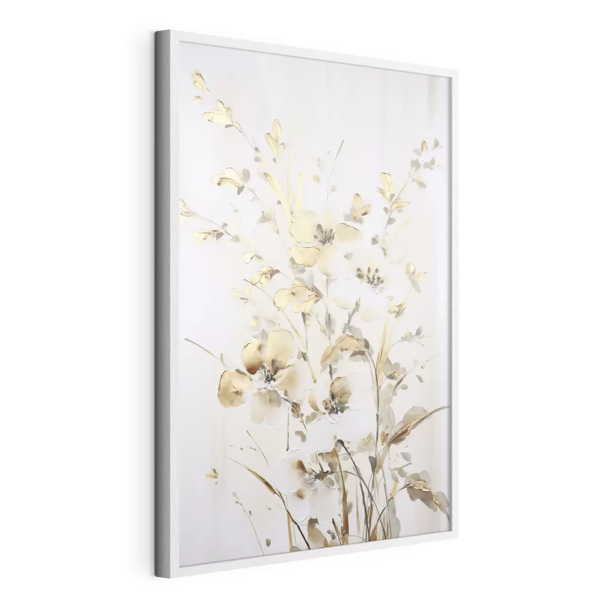 Poster Fiori e foglie gialli testurizzati su sfondo bianco, con delicate pennellate f47017