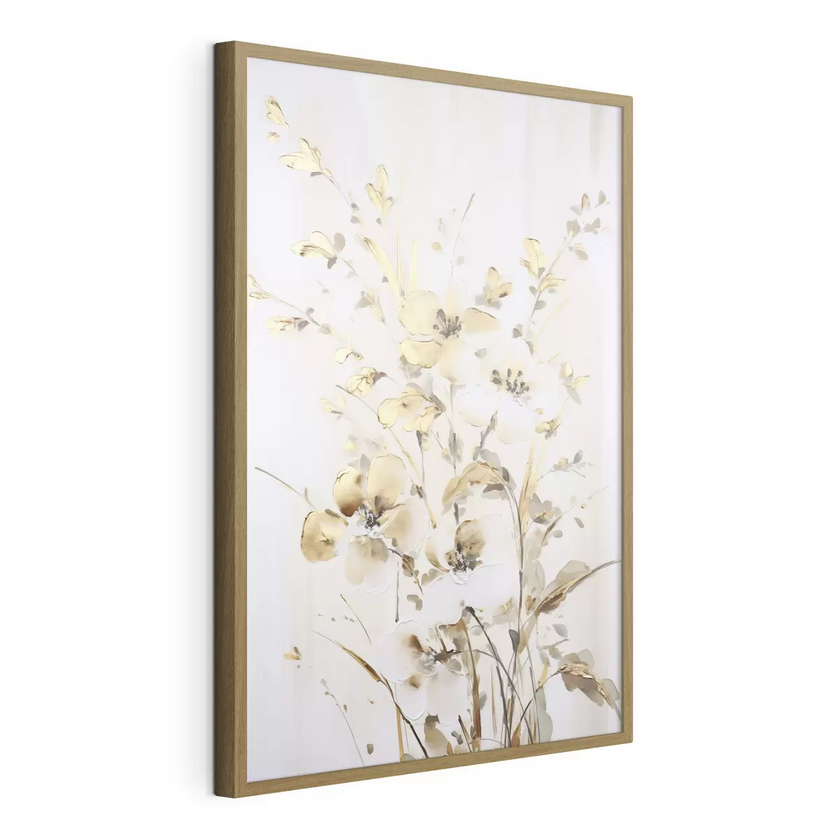 Poster Fiori e foglie gialli testurizzati su sfondo bianco, con delicate pennellate f47017