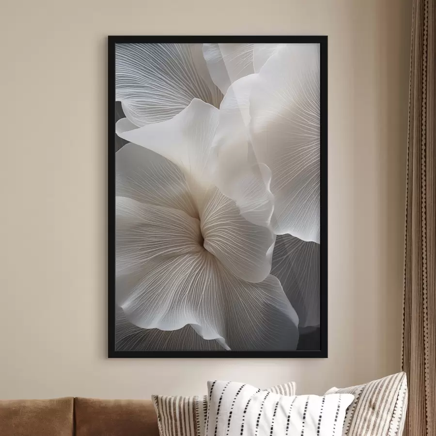 carta da parati Primo piano di delicati petali floreali bianchi astratti con linee intricate e uno sfondo scuro sfocato nr. f47019