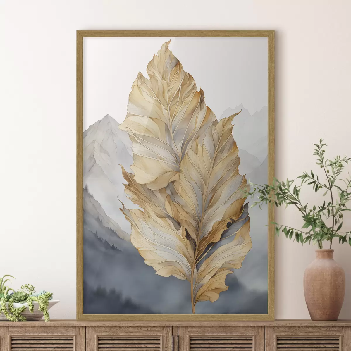 Poster Foglie astratte grandi, gialle e marroni con dettagli intricati, sullo sfondo di un paesaggio montano f47022