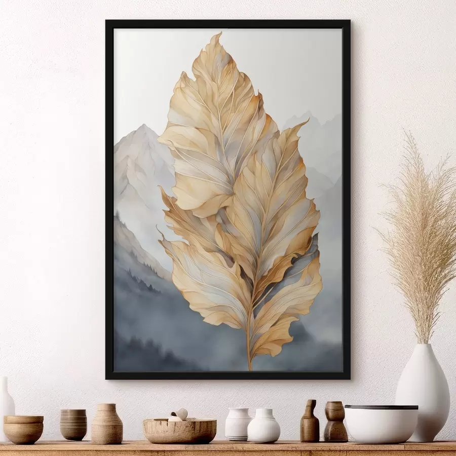 carta da parati Foglie astratte grandi, gialle e marroni con dettagli intricati, sullo sfondo di un paesaggio montano nr. f47022