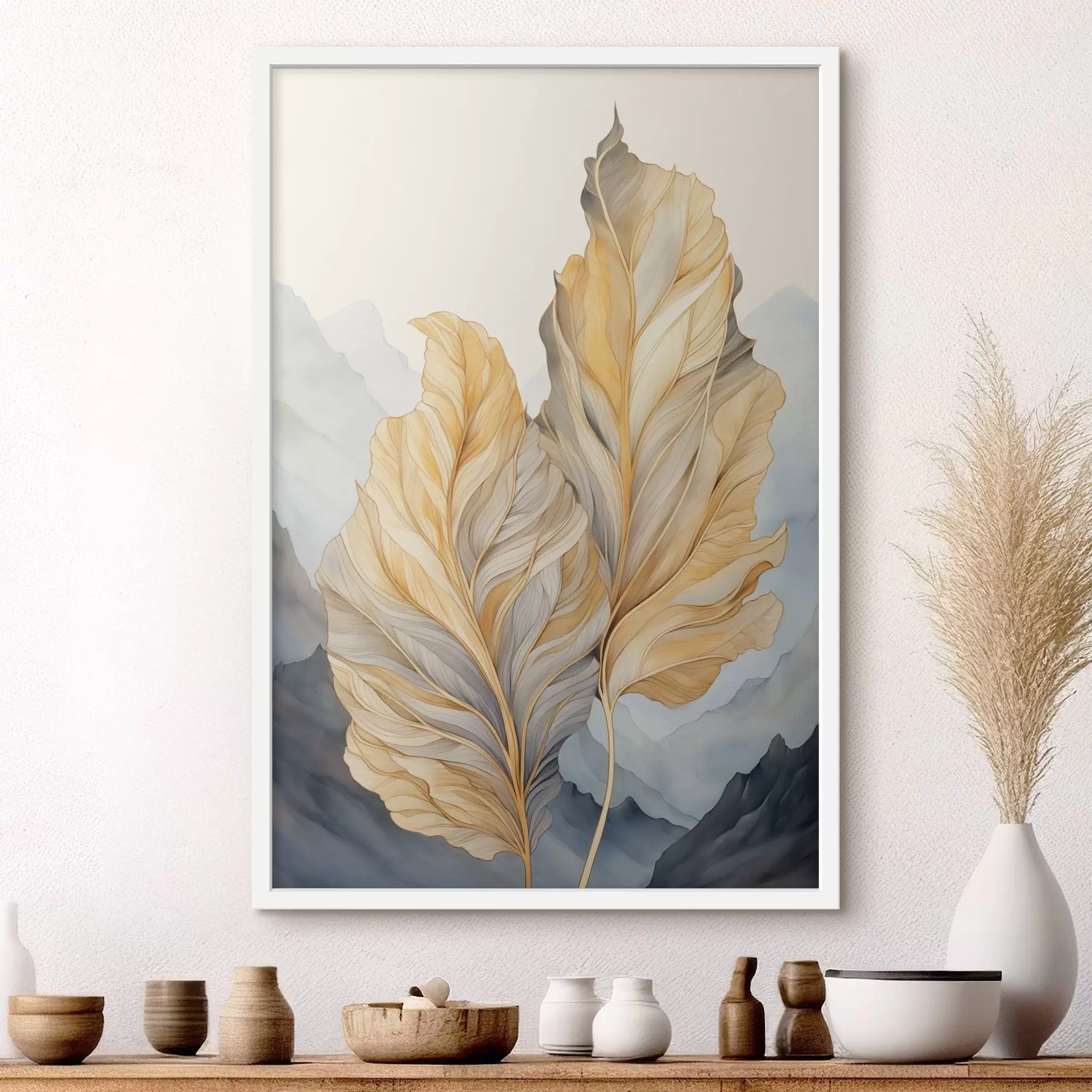 carta da parati Foglie astratte grandi, gialle e marroni con dettagli intricati, sullo sfondo di un paesaggio montano nr. f47023