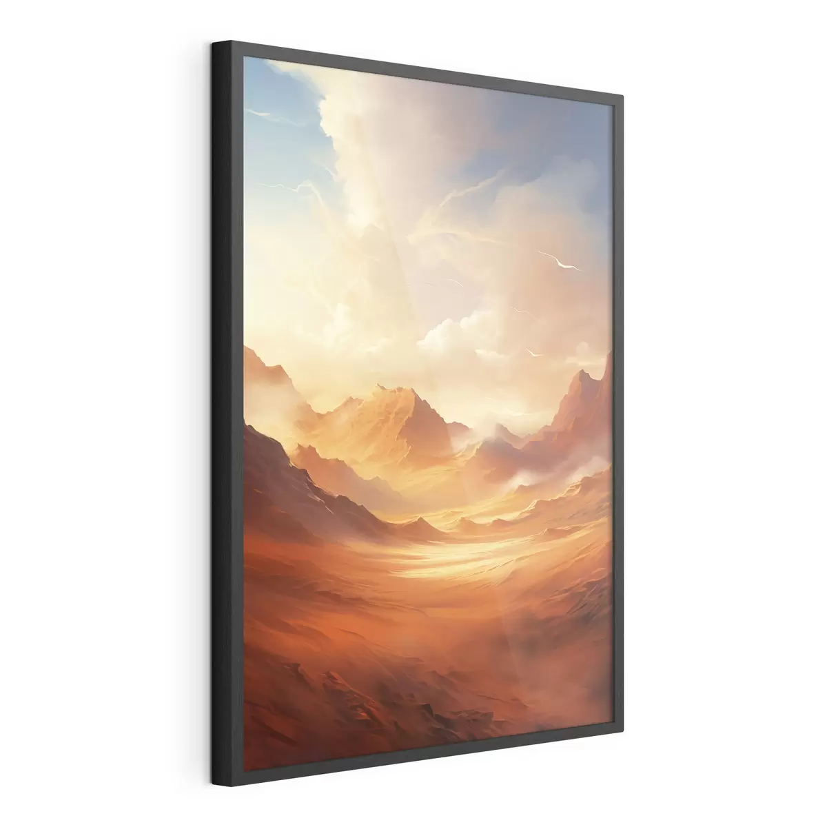 Poster Un vasto paesaggio desertico arancione con imponenti montagne rocciose sotto un cielo nebbioso e soleggiato con nuvole sottili f47028
