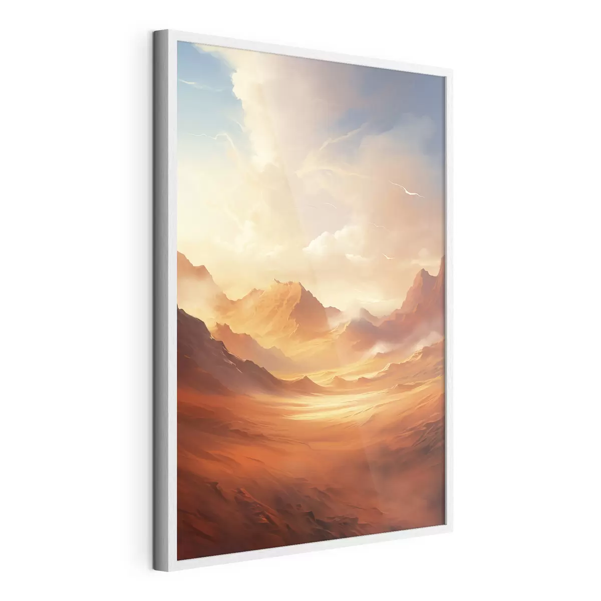 Poster Un vasto paesaggio desertico arancione con imponenti montagne rocciose sotto un cielo nebbioso e soleggiato con nuvole sottili f47028