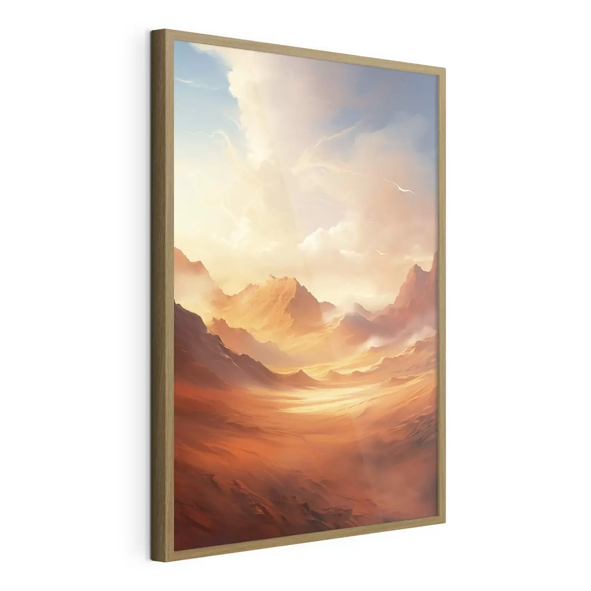 Poster Un vasto paesaggio desertico arancione con imponenti montagne rocciose sotto un cielo nebbioso e soleggiato con nuvole sottili f47028