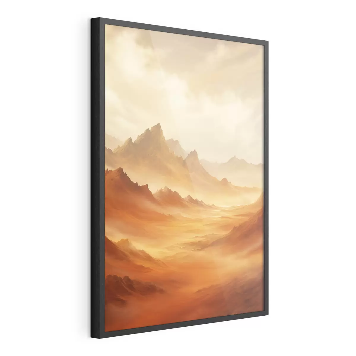 Poster Un vasto paesaggio desertico arancione con imponenti montagne rocciose sotto un cielo nebbioso e soleggiato con nuvole sottili f47029