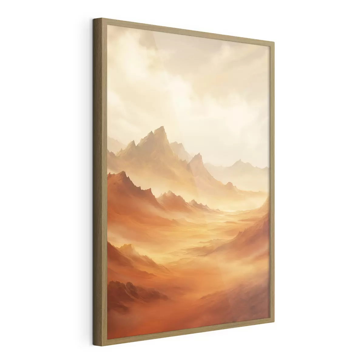 Poster Un vasto paesaggio desertico arancione con imponenti montagne rocciose sotto un cielo nebbioso e soleggiato con nuvole sottili f47029