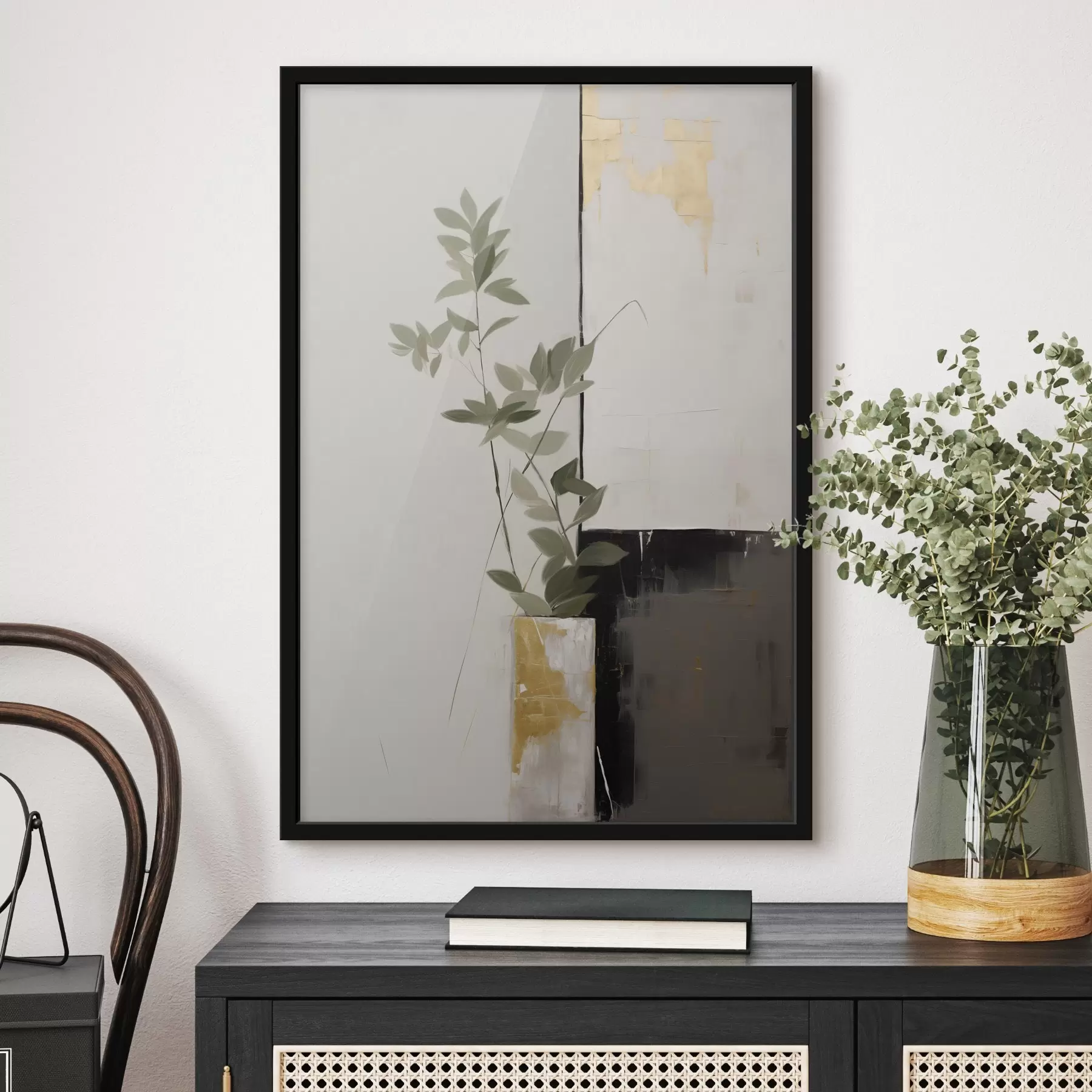 carta da parati Un dipinto minimalista e materico raffigurante un vaso con foglie verdi su uno sfondo di forme geometriche astratte nr. f47036