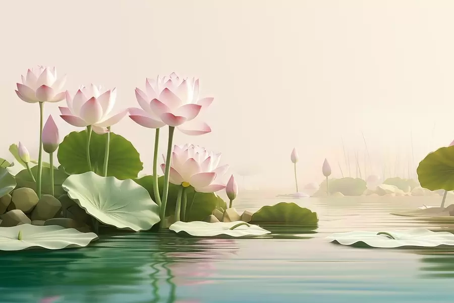 Carta da parati Floreale Fiori di loto rosa sull'acqua, un tranquillo paesaggio tropicale n. w09561