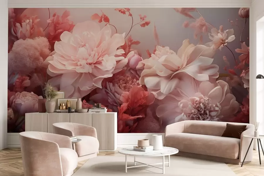 Carta da parati Floreale Peonie volumetriche color rosa cipria in una composizione floreale n. w09571