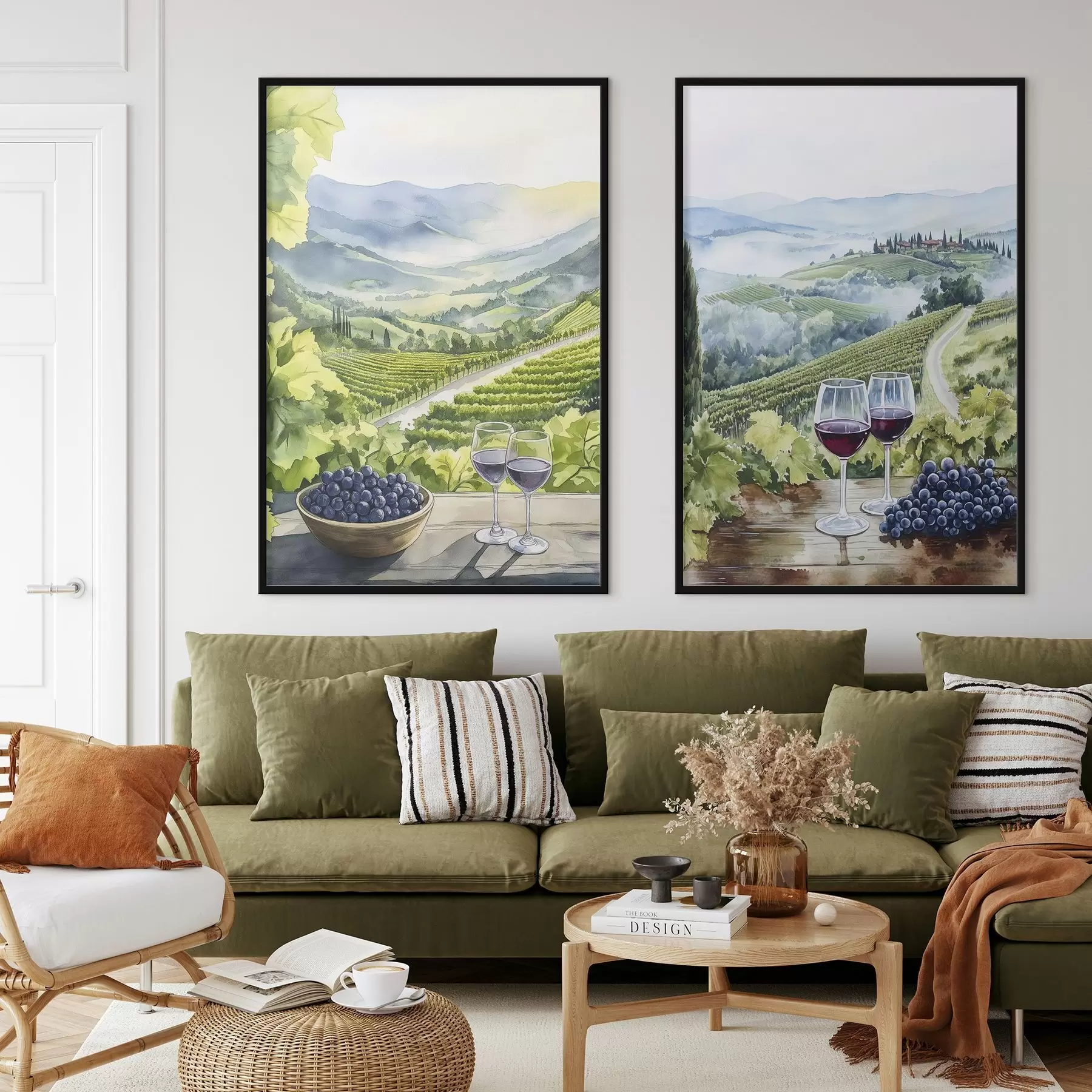 carta da parati Bellissimi paesaggi toscani, cantieri d'uva, bicchieri di vino, stile acquerello, Italia nr. d00408