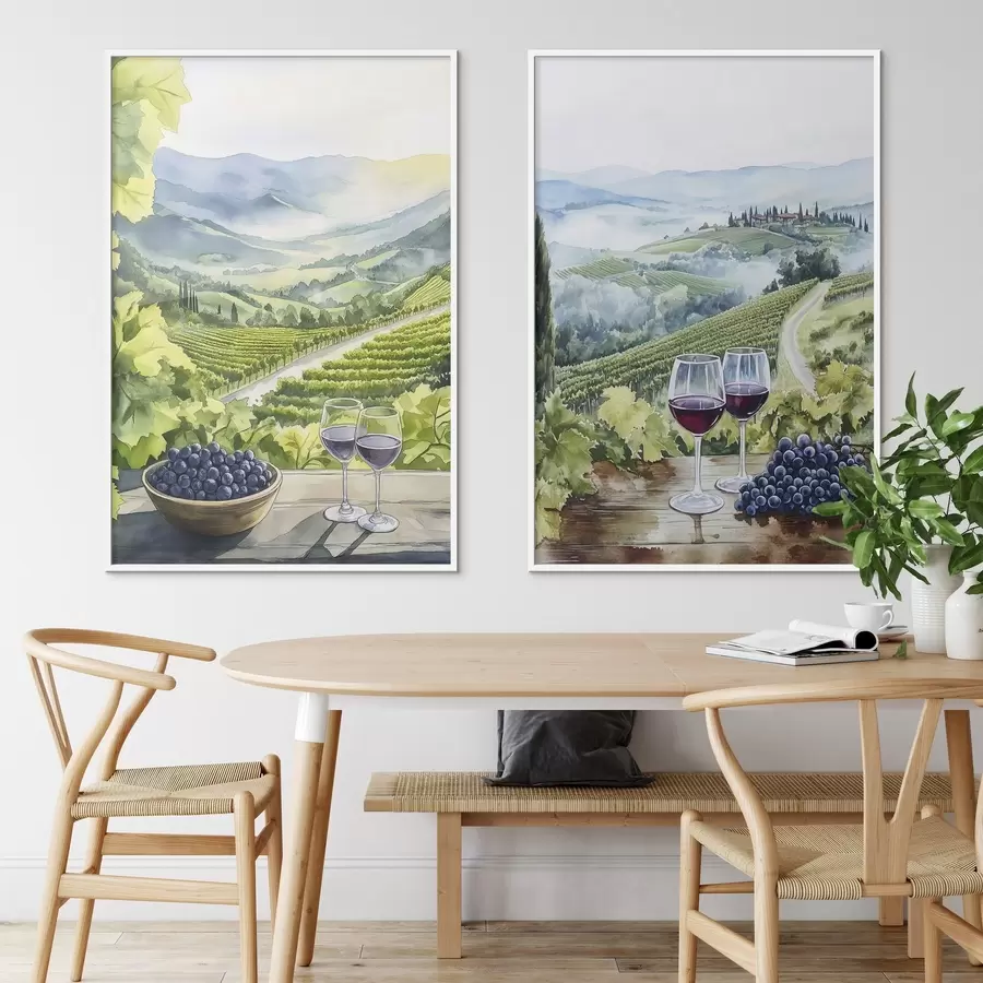 carta da parati Bellissimi paesaggi toscani, cantieri d'uva, bicchieri di vino, stile acquerello, Italia nr. d00408